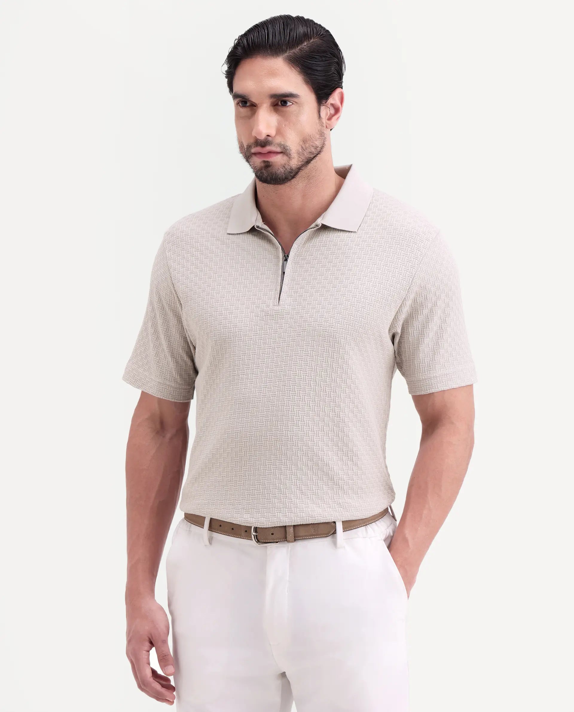 Rare Rabbit Men's Envo Dusky Beige Cotton Fabric Half Sleeve Spread Collar Regular Fit Textured Polo
