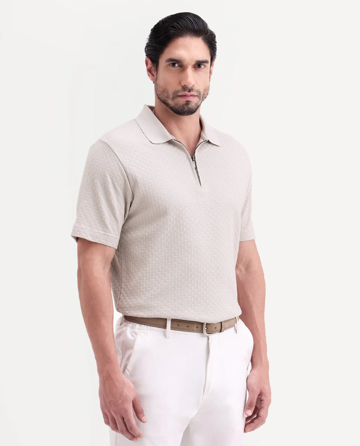 Rare Rabbit Men's Envo Dusky Beige Cotton Fabric Half Sleeve Spread Collar Regular Fit Textured Polo