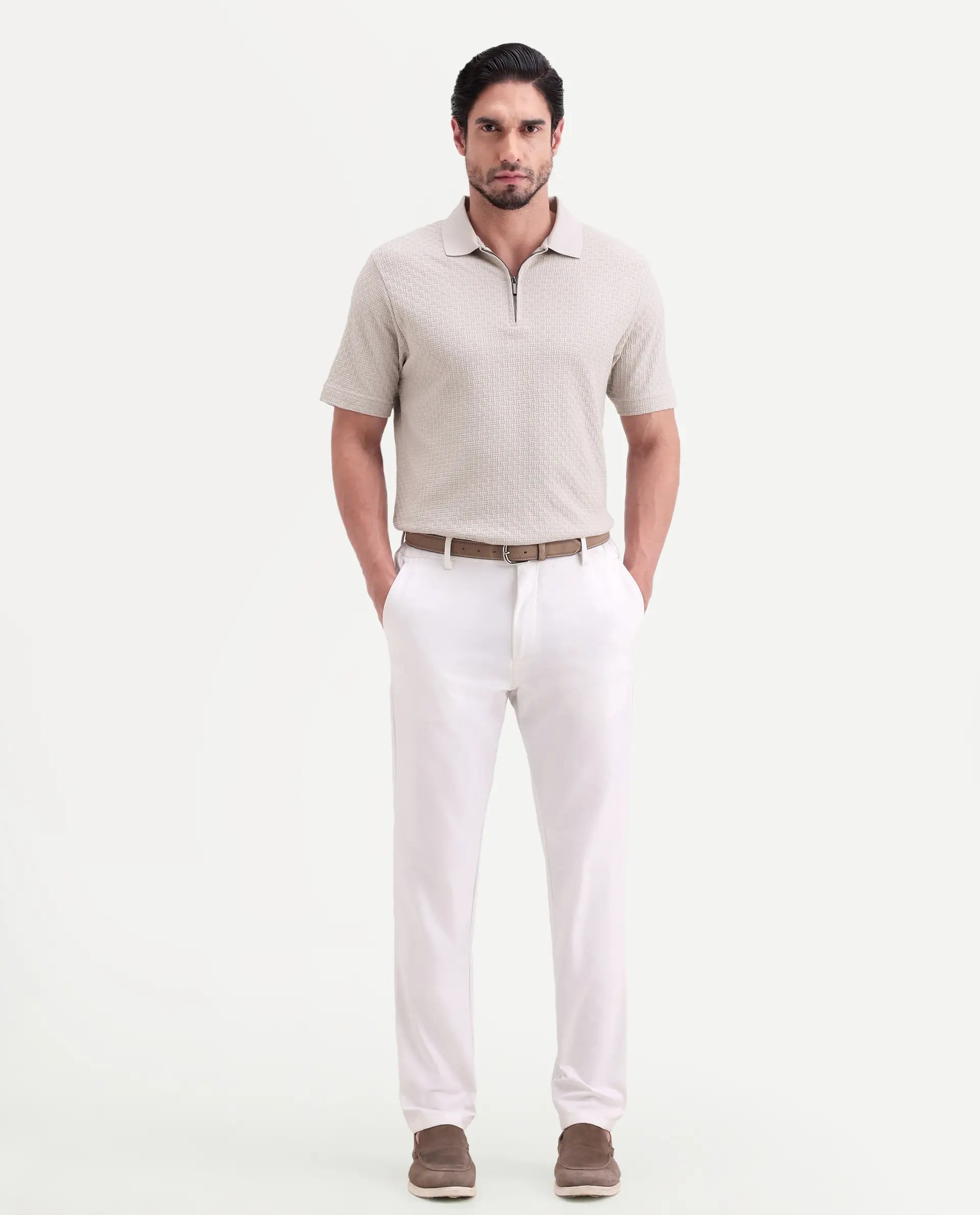 Rare Rabbit Men's Envo Dusky Beige Cotton Fabric Half Sleeve Spread Collar Regular Fit Textured Polo