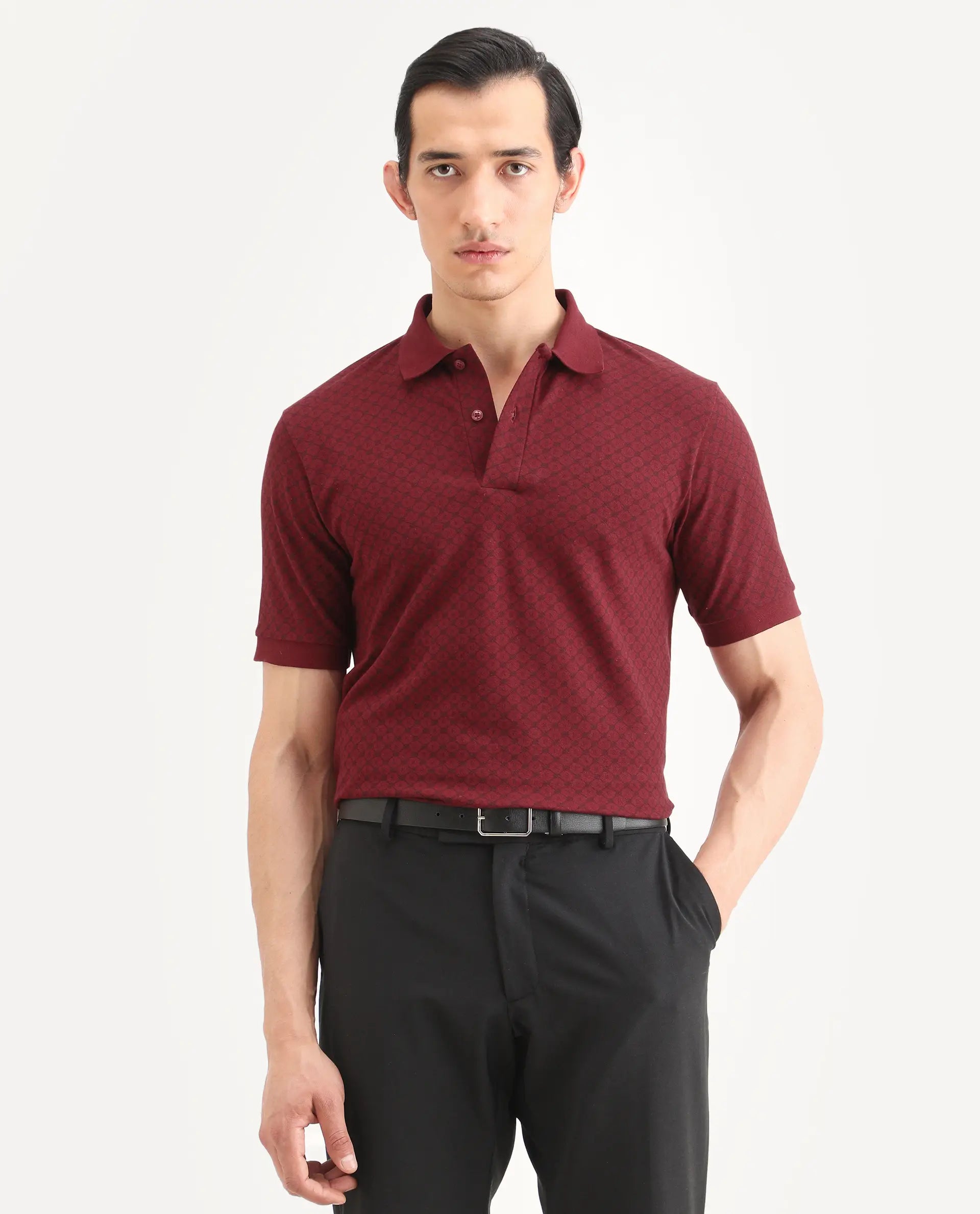 Rare Rabbit Men's Eran Red Cotton Blend Fabric Half Sleeve Spread Collar Regular Fit Geometric Print Polo