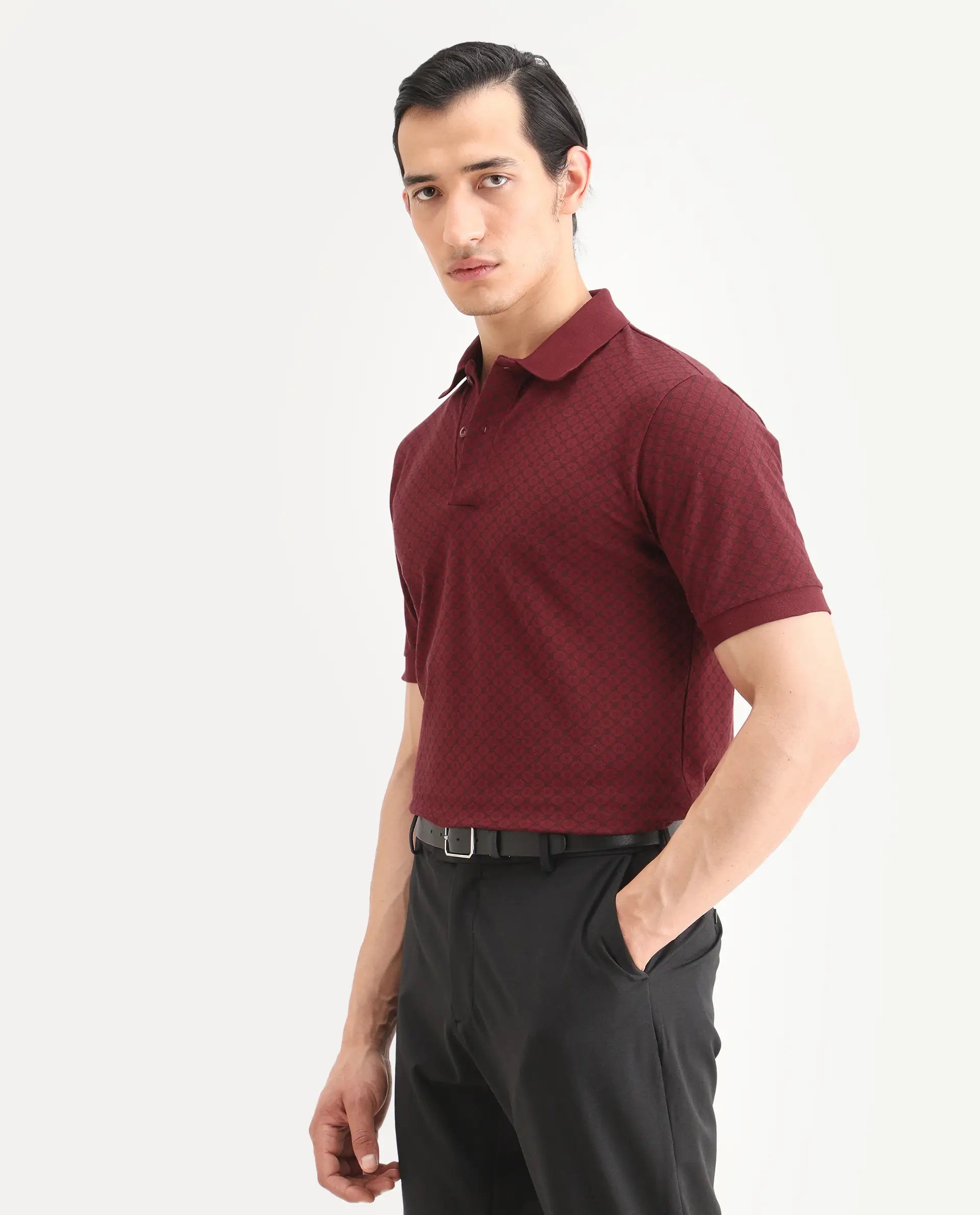 Rare Rabbit Men's Eran Red Cotton Blend Fabric Half Sleeve Spread Collar Regular Fit Geometric Print Polo