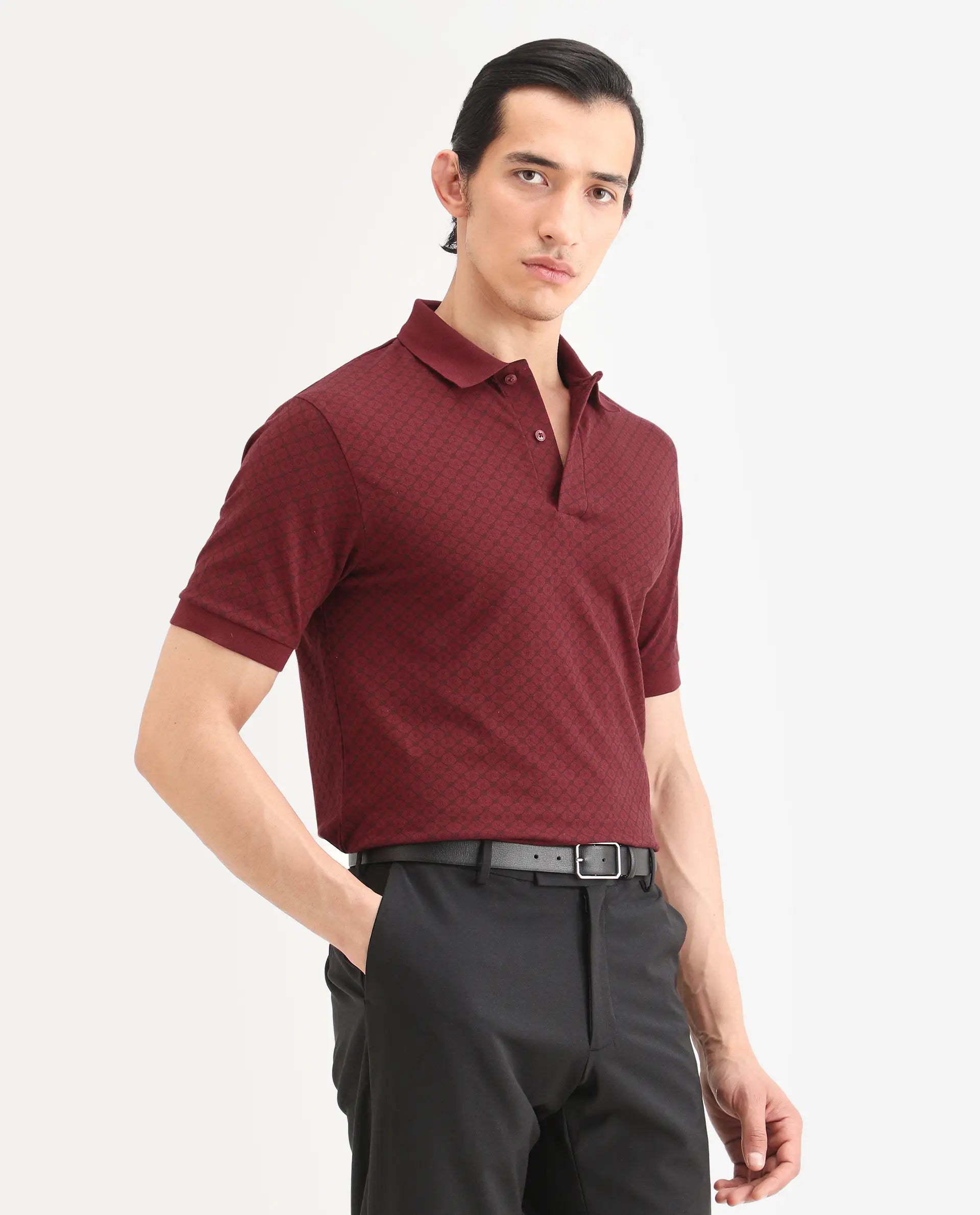 Rare Rabbit Men's Eran Red Cotton Blend Fabric Half Sleeve Spread Collar Regular Fit Geometric Print Polo