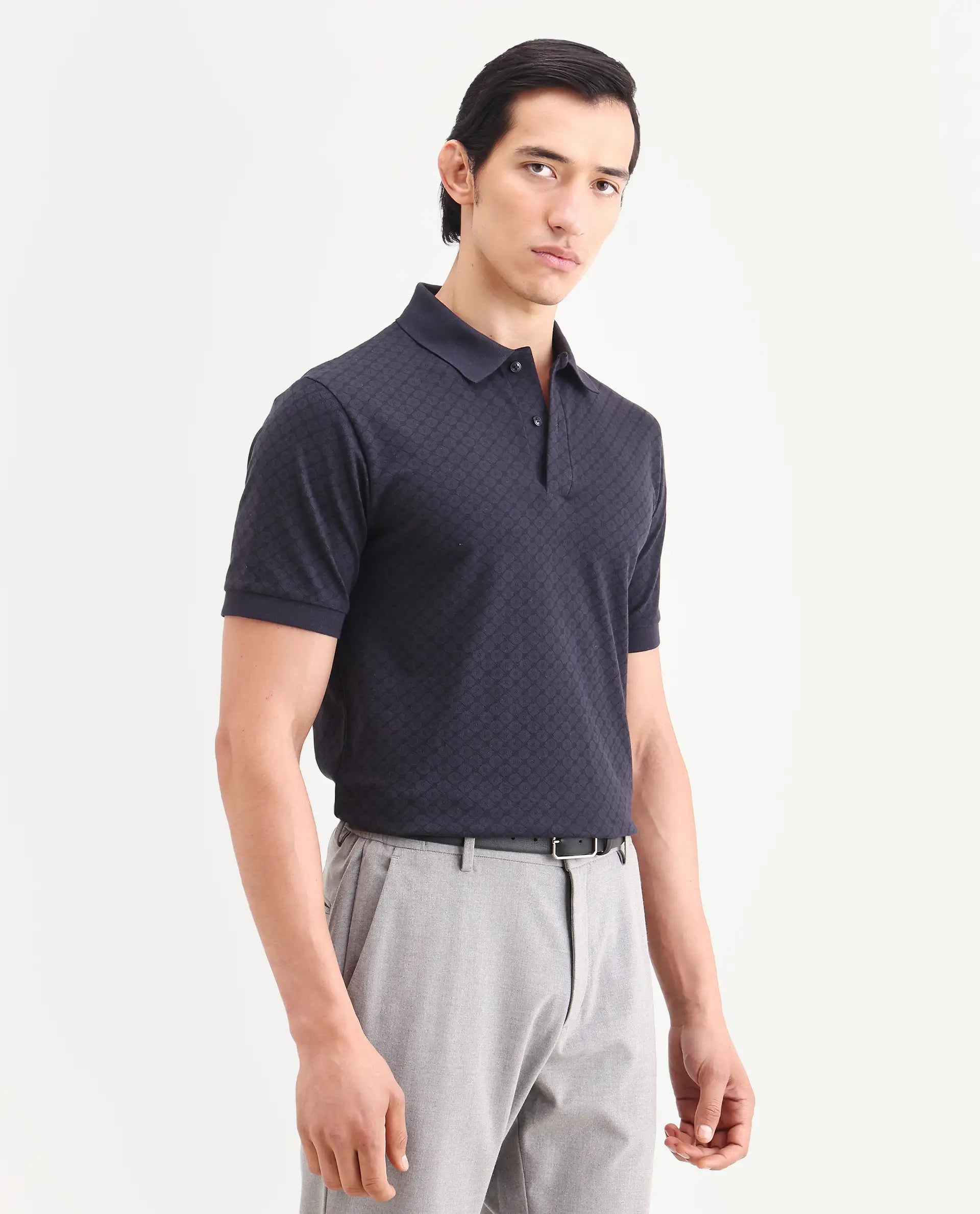 Rare Rabbit Men's Eran Navy Cotton Blend Fabric Half Sleeve Spread Collar Regular Fit Geometric Print Polo