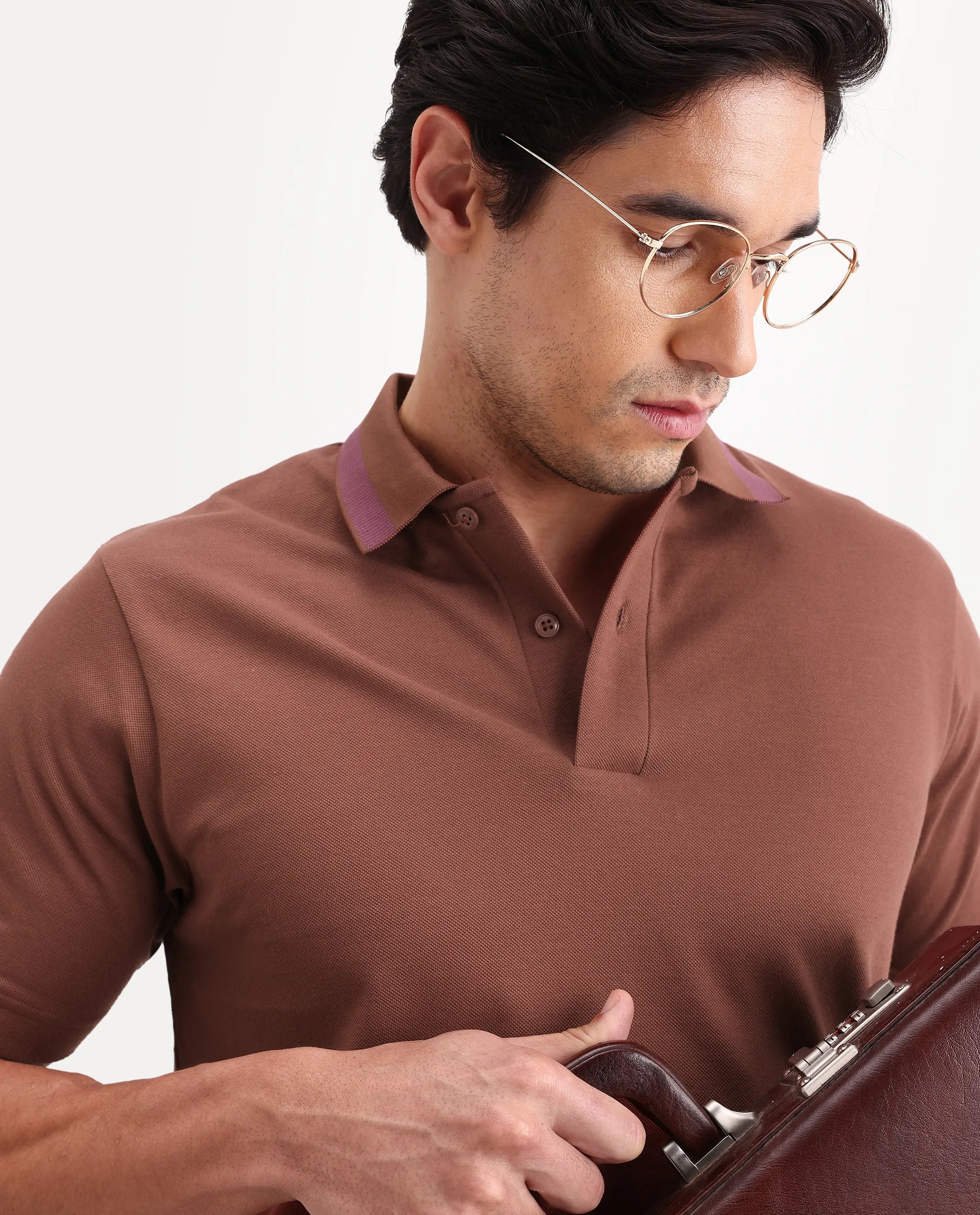 Rare Rabbit Men's Flint Rust Cotton Fabric Half Sleeve Spread Collar Regular Fit Plain Polo