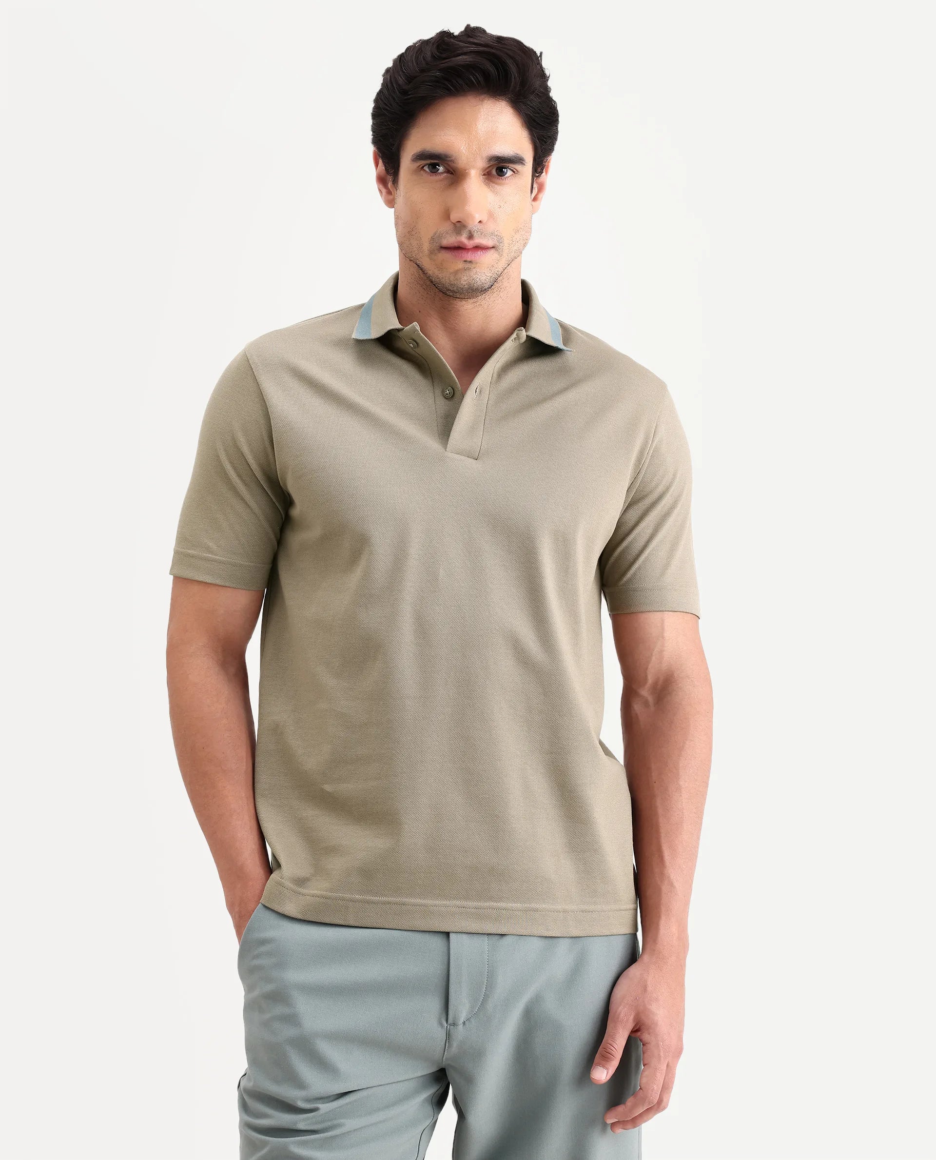 Rare Rabbit Men's Flint Dark Beige Cotton Fabric Half Sleeve Spread Collar Regular Fit Plain Polo