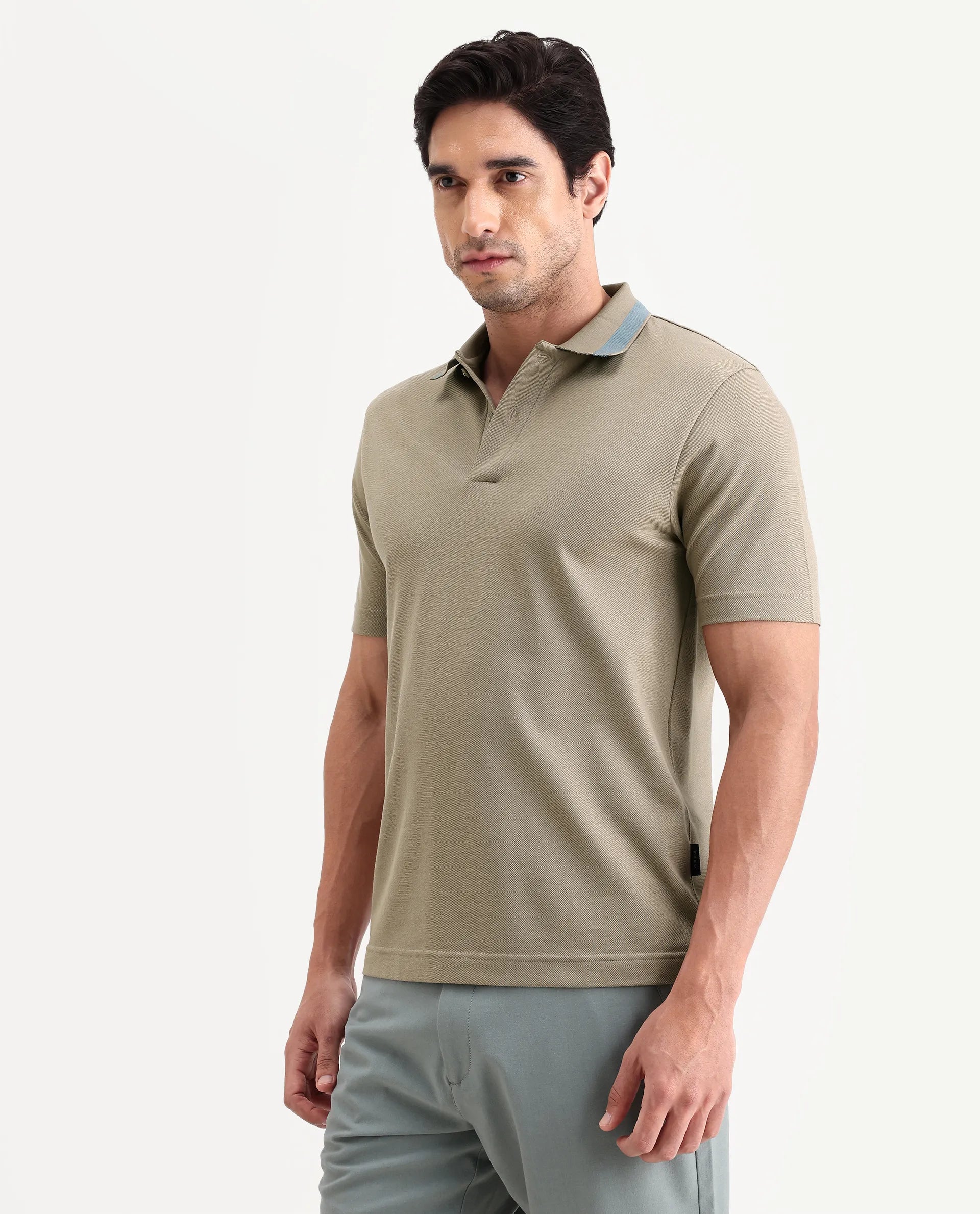 Rare Rabbit Men's Flint Dark Beige Cotton Fabric Half Sleeve Spread Collar Regular Fit Plain Polo