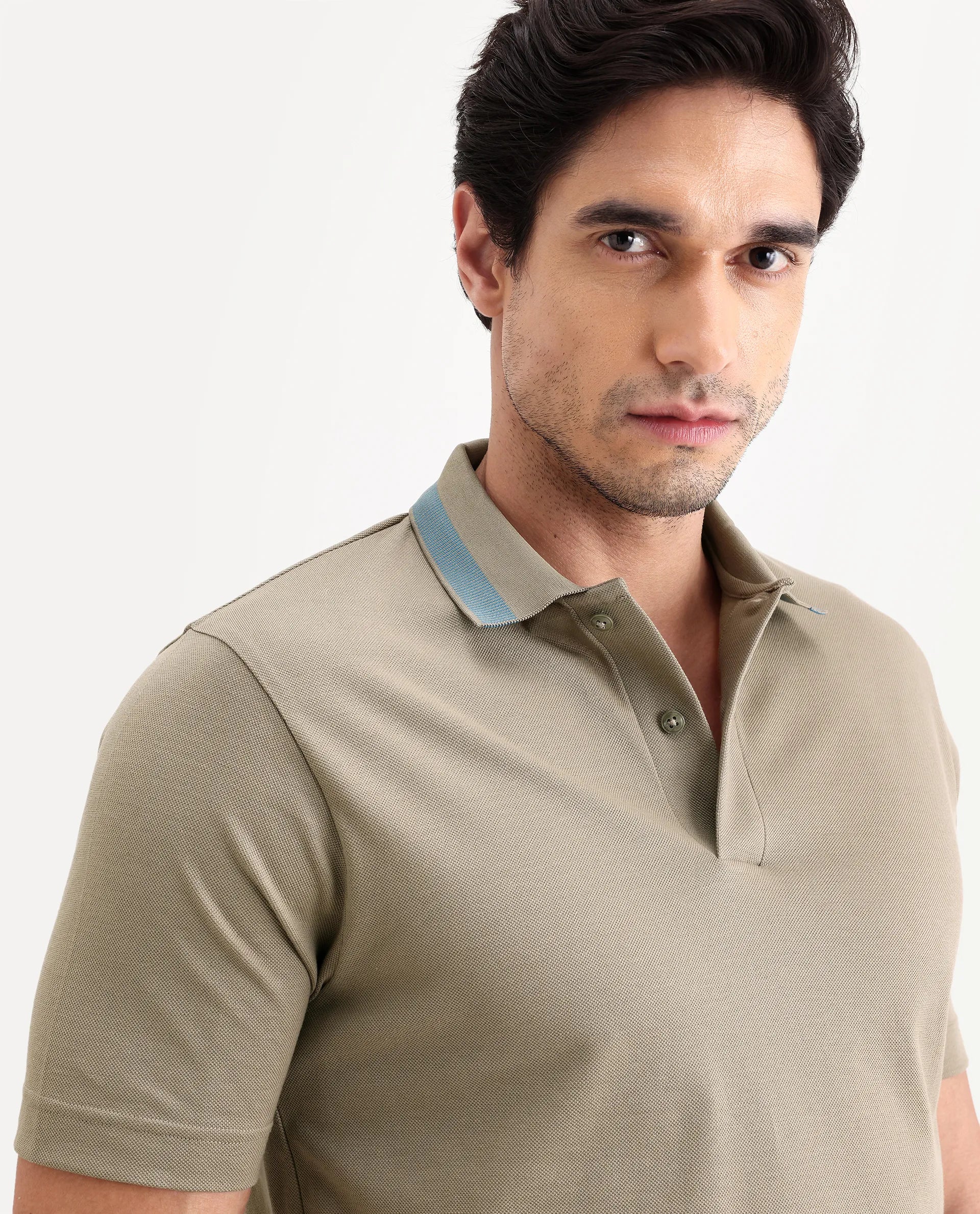 Rare Rabbit Men's Flint Dark Beige Cotton Fabric Half Sleeve Spread Collar Regular Fit Plain Polo