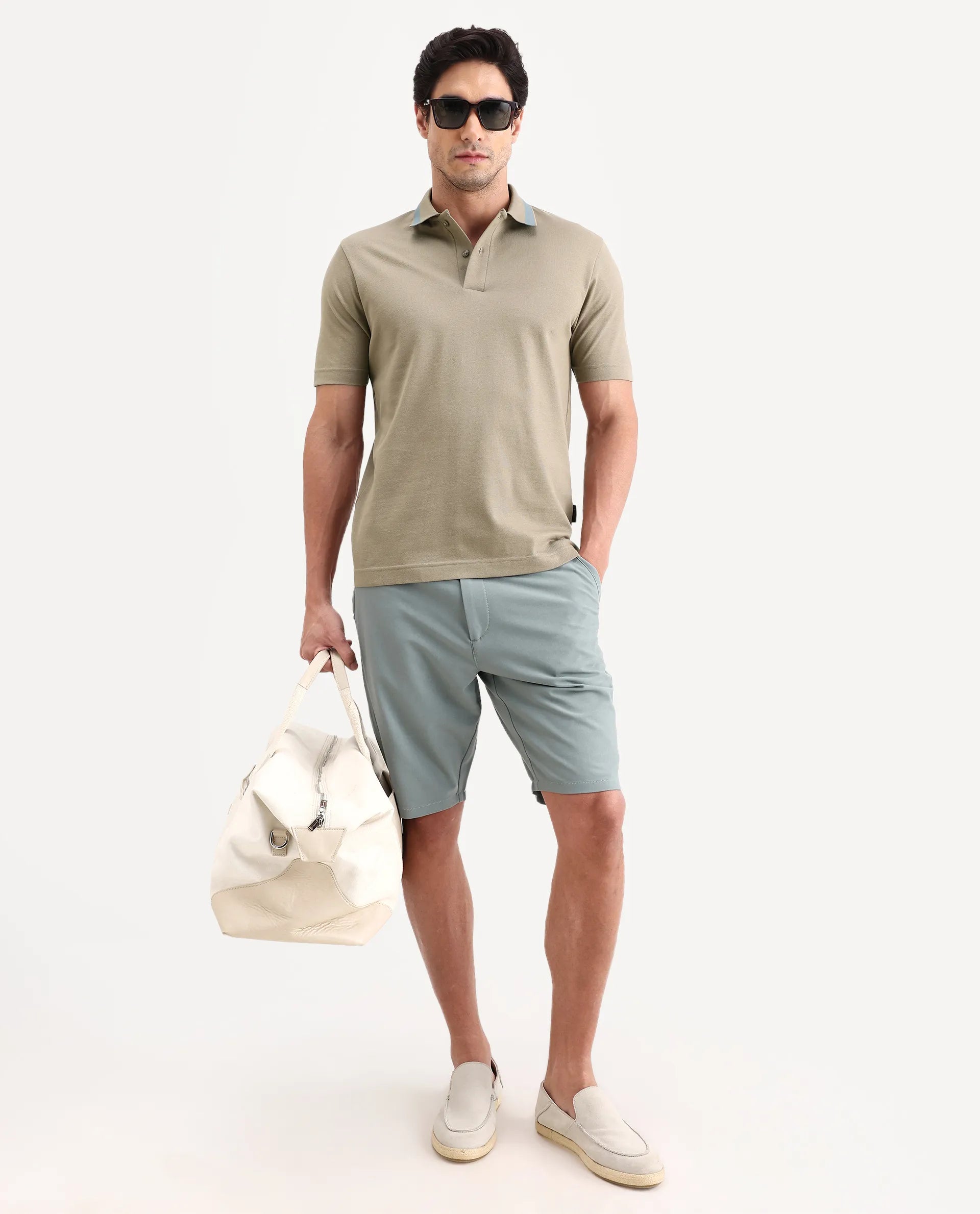 Rare Rabbit Men's Flint Dark Beige Cotton Fabric Half Sleeve Spread Collar Regular Fit Plain Polo