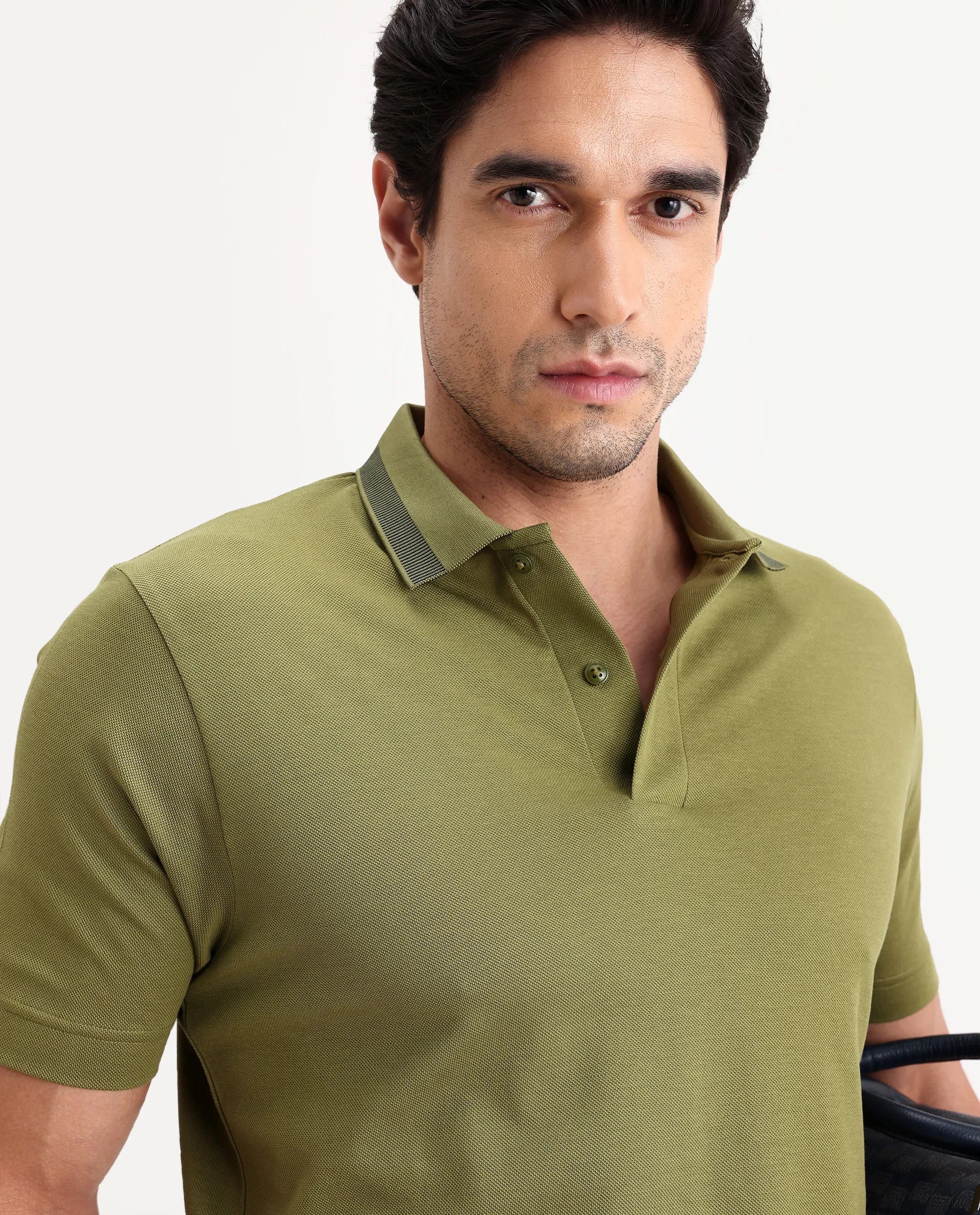 Rare Rabbit Men's Flint Olive Cotton Fabric Half Sleeve Spread Collar Regular Fit Plain Polo