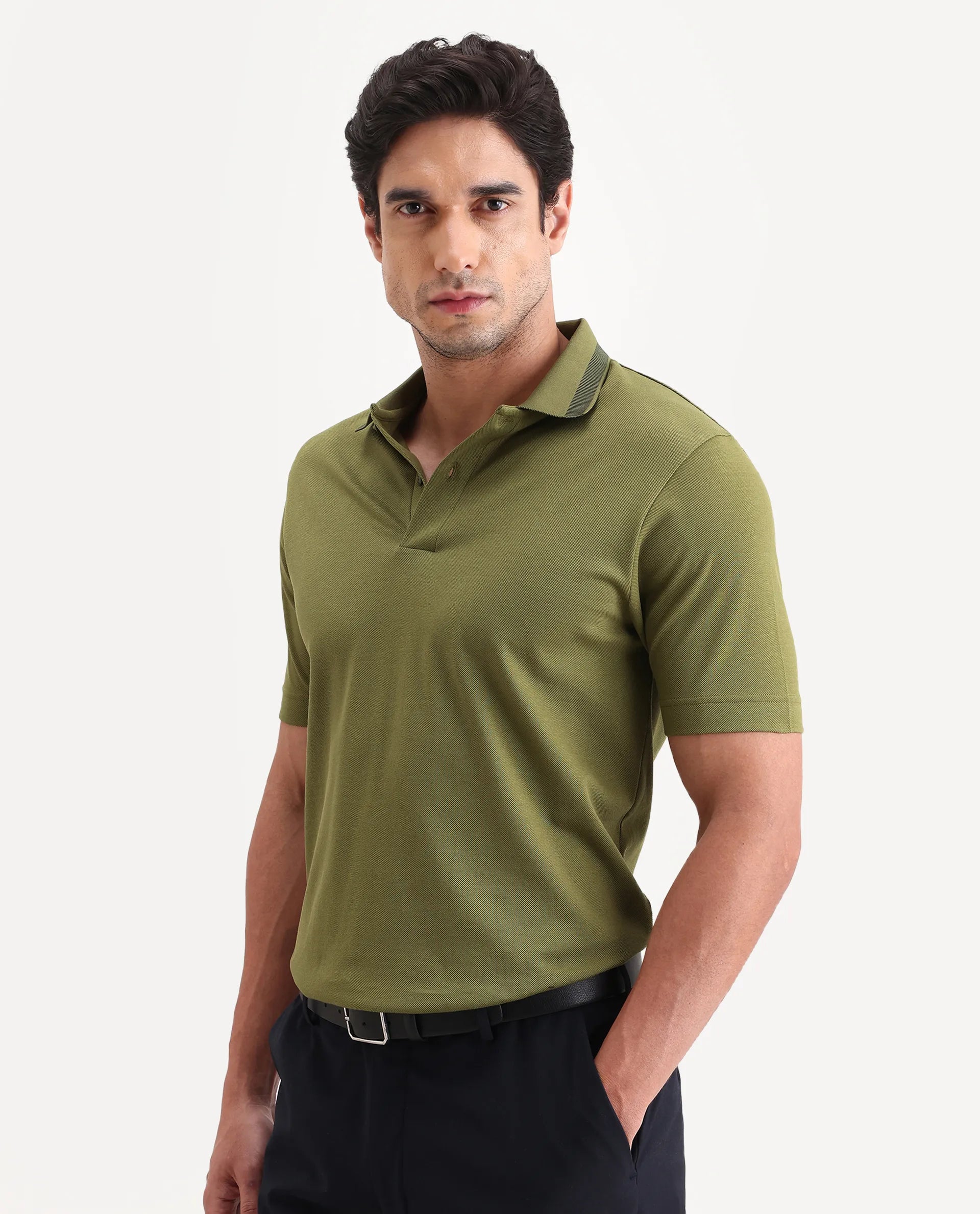 Rare Rabbit Men's Flint Olive Cotton Fabric Half Sleeve Spread Collar Regular Fit Plain Polo