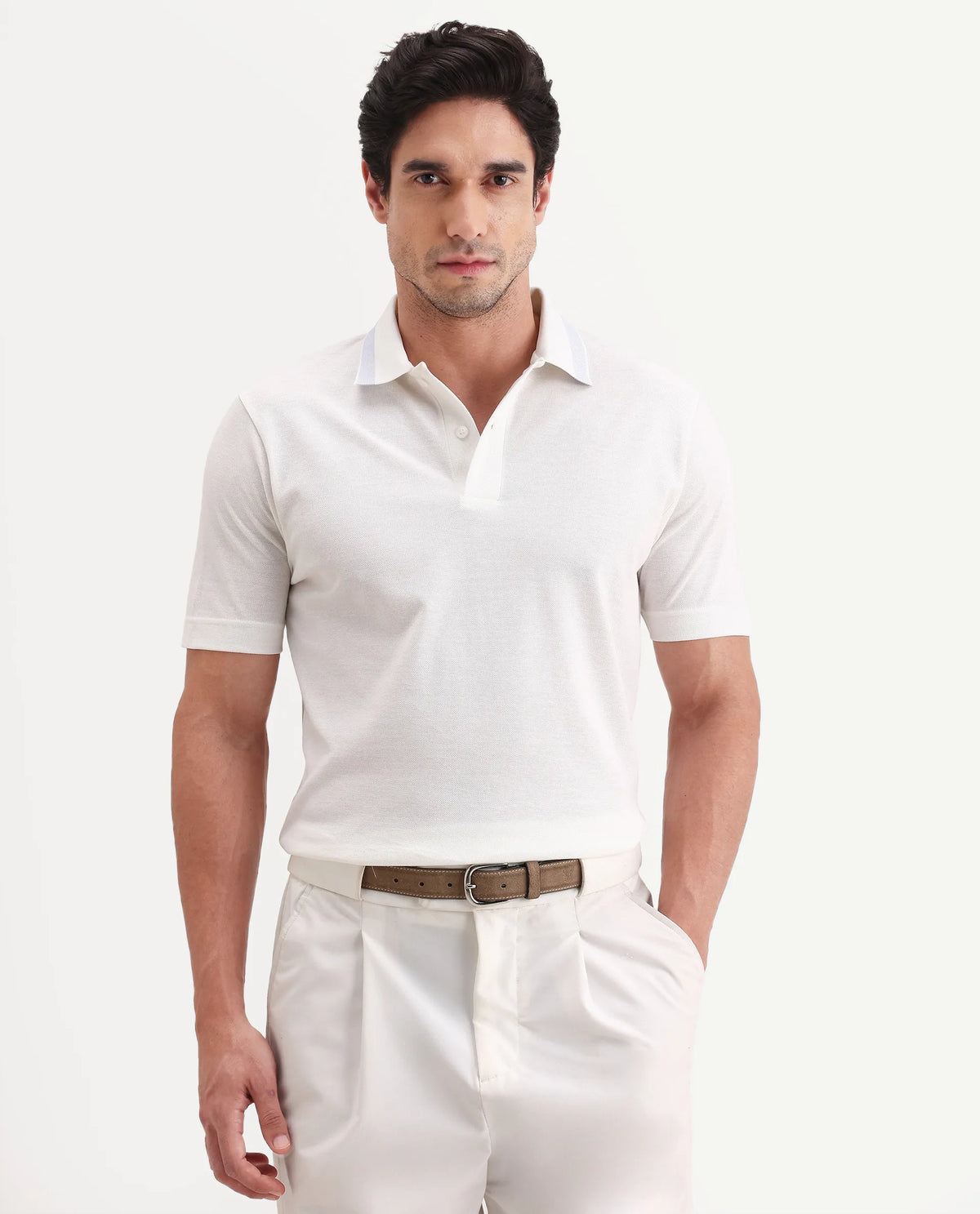 Rare Rabbit Men's Flint White Cotton Fabric Half Sleeve Spread Collar Regular Fit Plain Polo