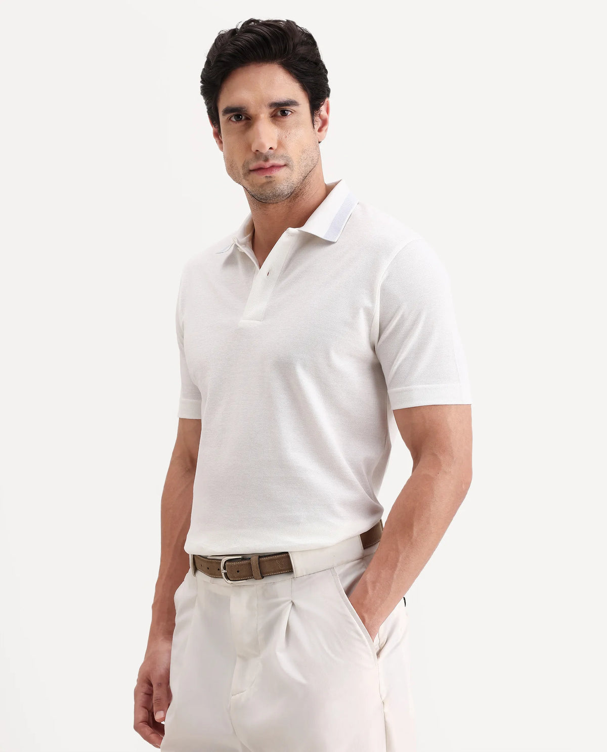 Rare Rabbit Men's Flint White Cotton Fabric Half Sleeve Spread Collar Regular Fit Plain Polo