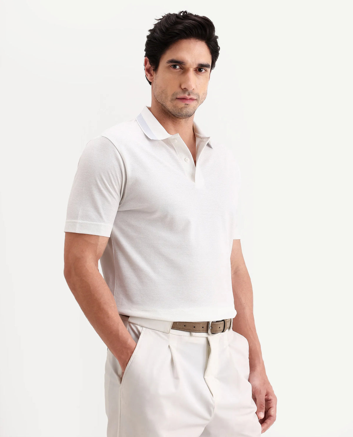 Rare Rabbit Men's Flint White Cotton Fabric Half Sleeve Spread Collar Regular Fit Plain Polo