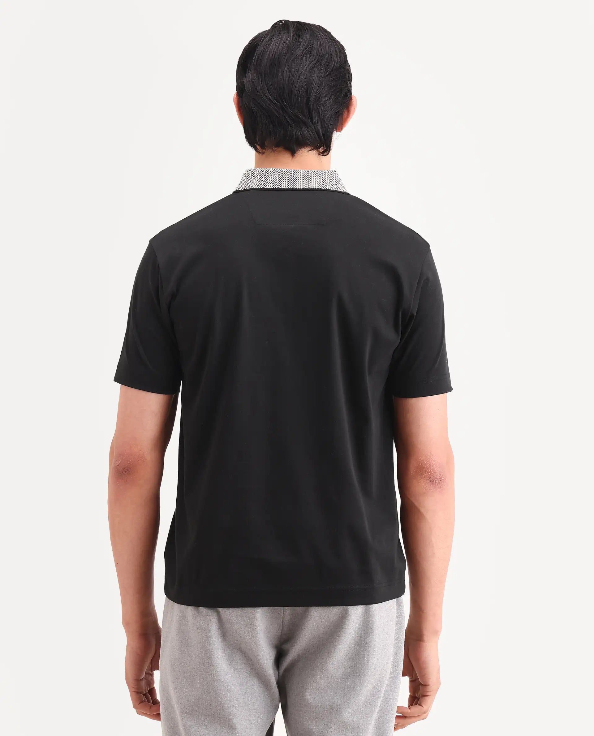 Rare Rabbit Men's Frep Black Cotton Fabric Half Sleeve Spread Collar Regular Fit Plain Polo