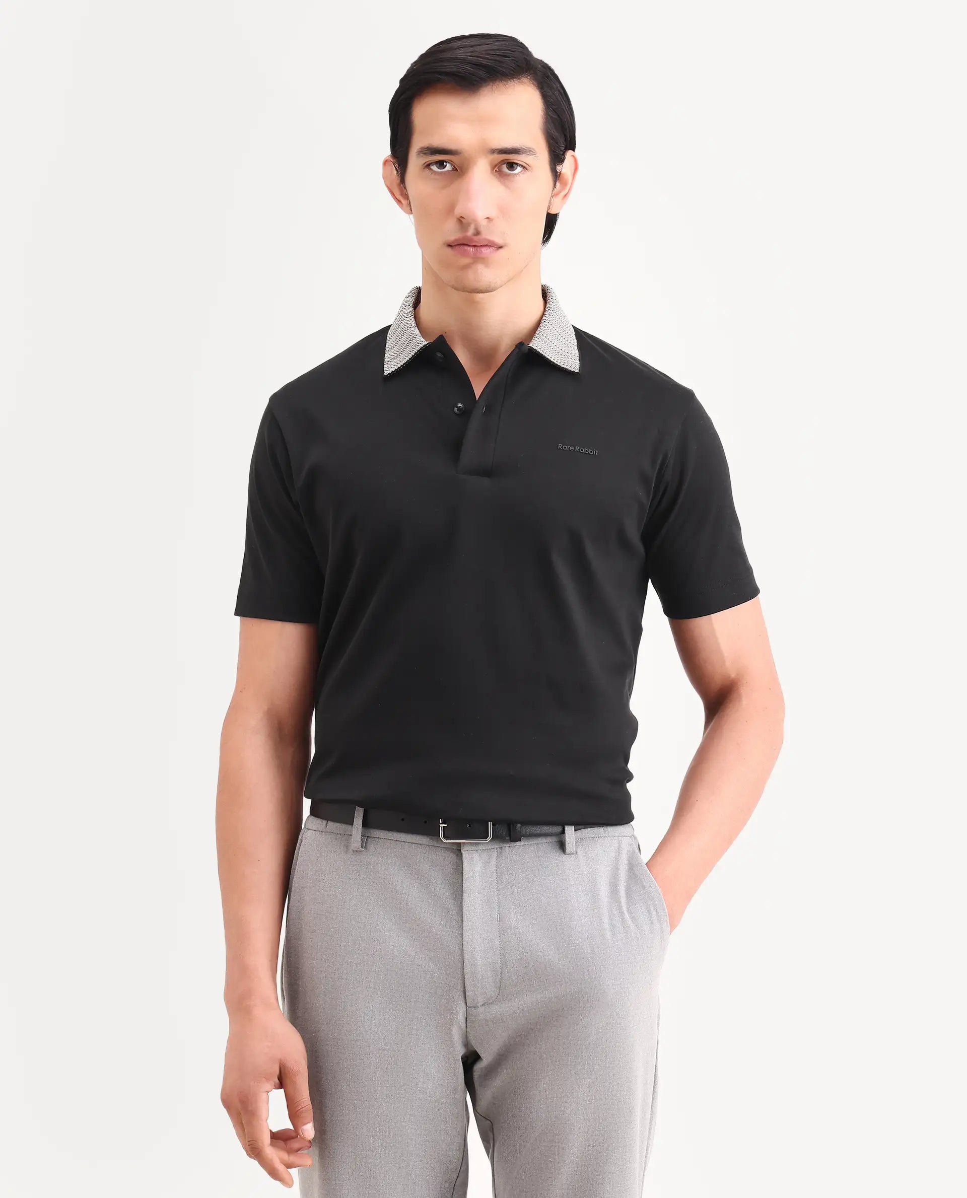 Rare Rabbit Men's Frep Black Cotton Fabric Half Sleeve Spread Collar Regular Fit Plain Polo
