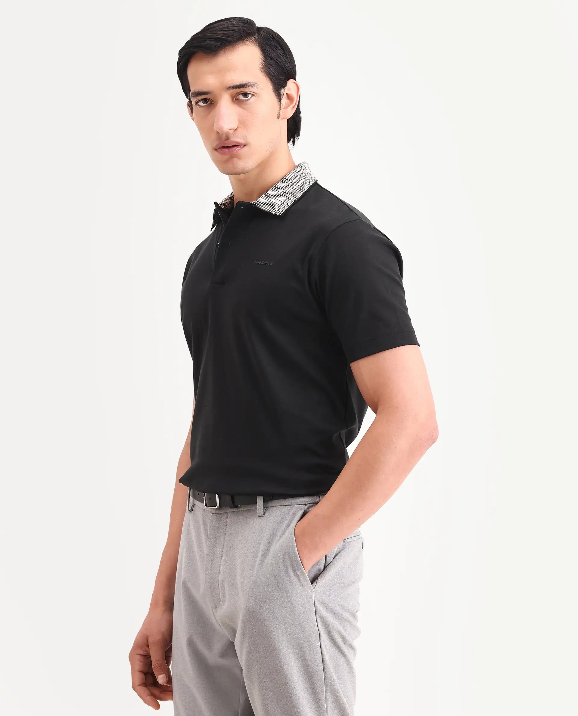 Rare Rabbit Men's Frep Black Cotton Fabric Half Sleeve Spread Collar Regular Fit Plain Polo