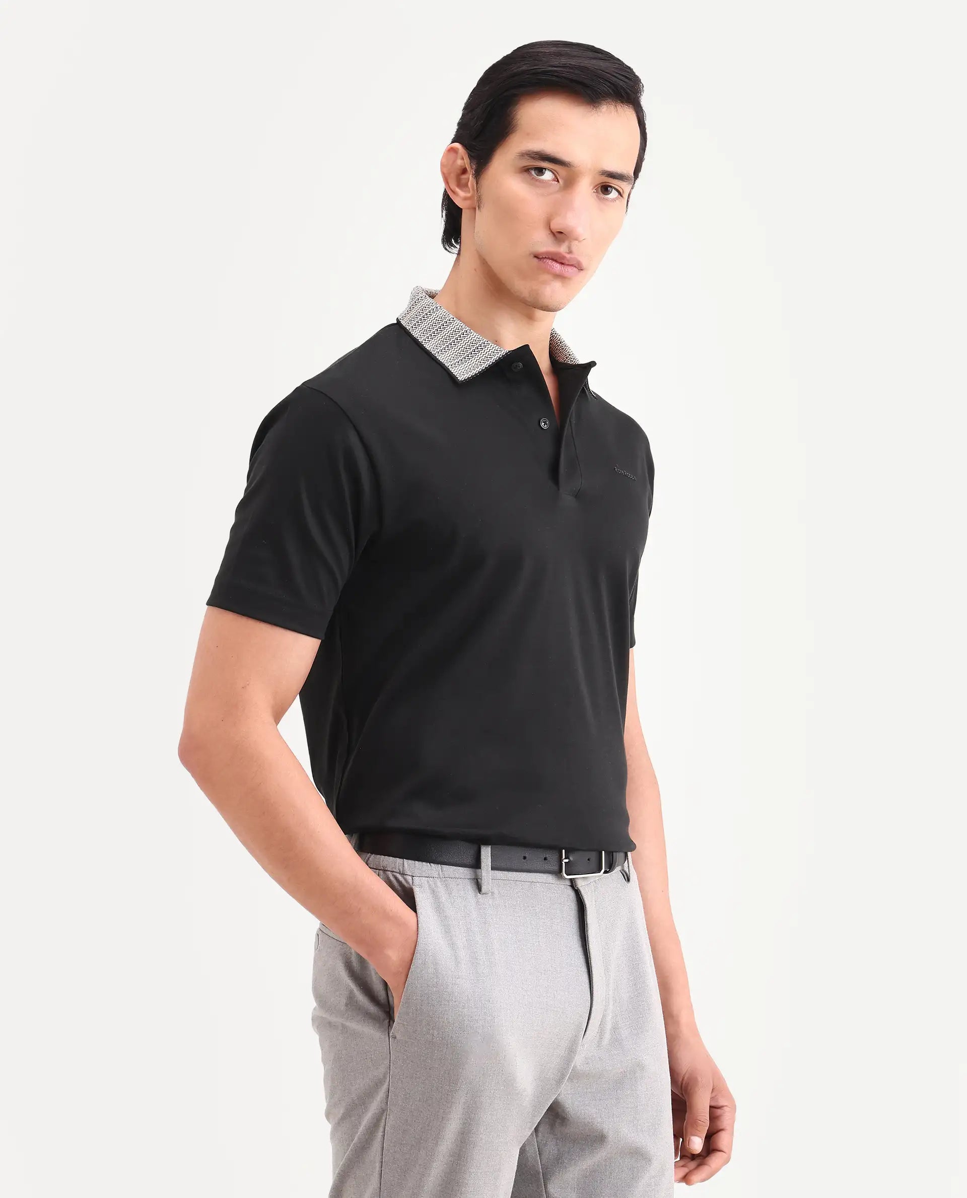 Rare Rabbit Men's Frep Black Cotton Fabric Half Sleeve Spread Collar Regular Fit Plain Polo