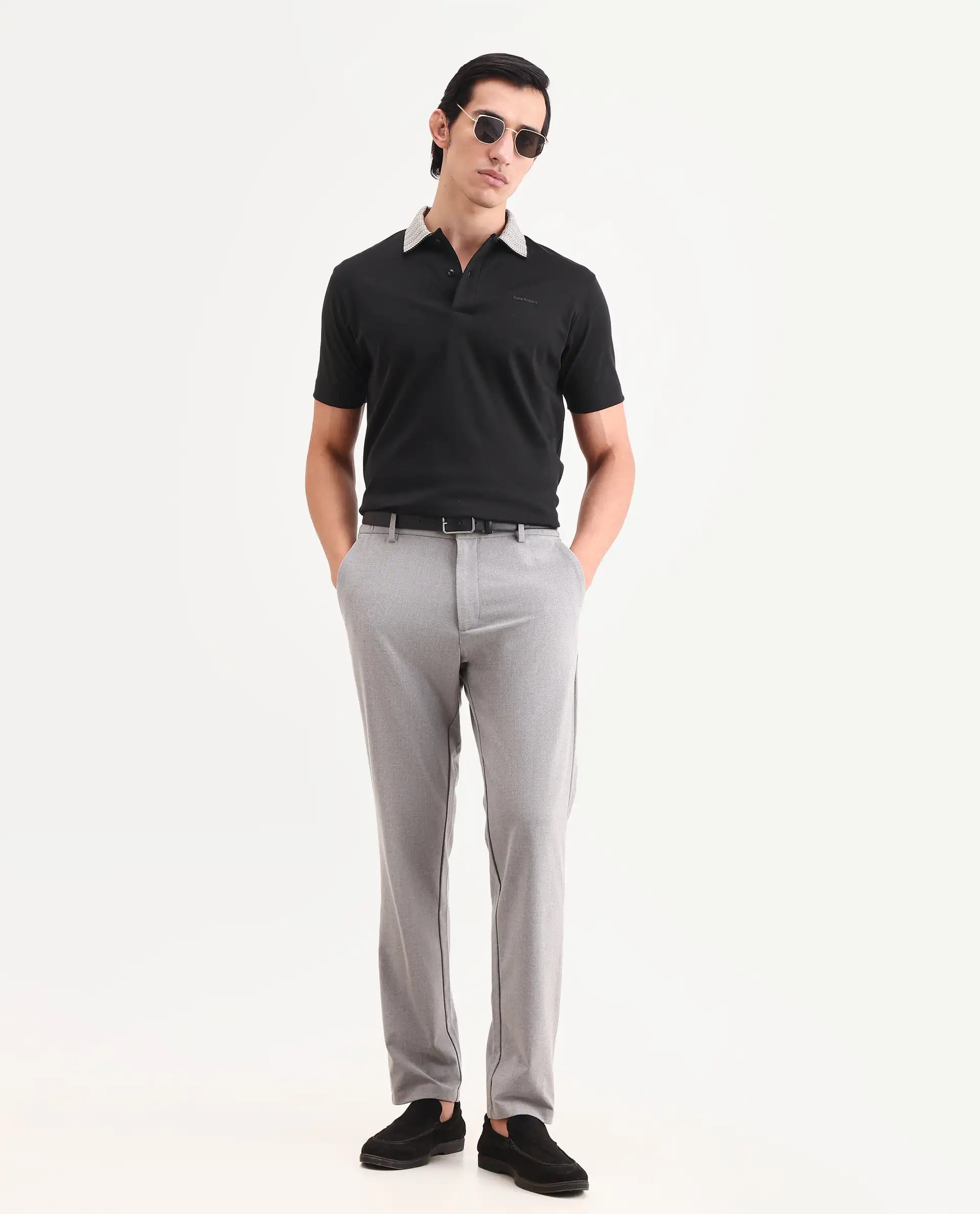 Rare Rabbit Men's Frep Black Cotton Fabric Half Sleeve Spread Collar Regular Fit Plain Polo