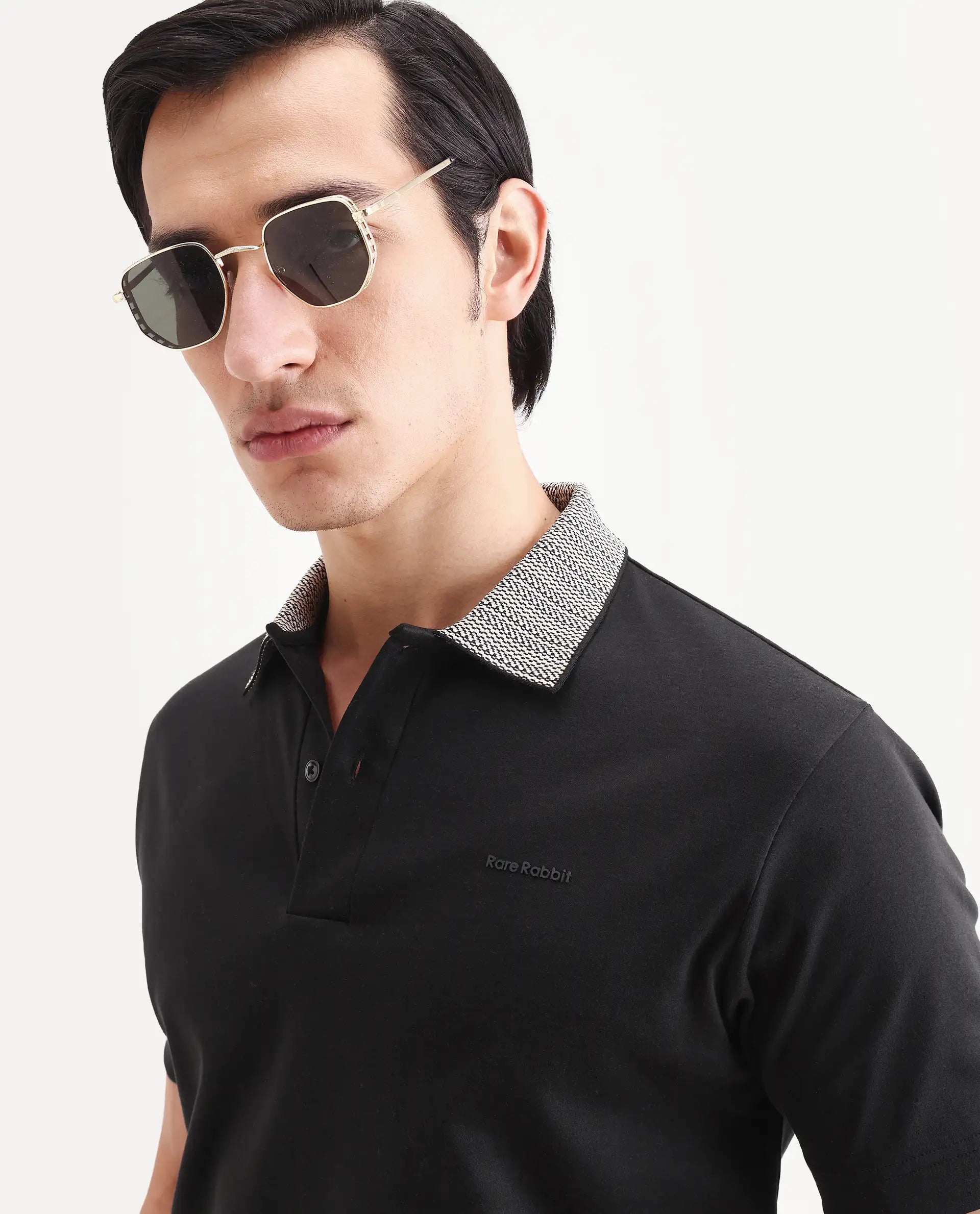 Rare Rabbit Men's Frep Black Cotton Fabric Half Sleeve Spread Collar Regular Fit Plain Polo