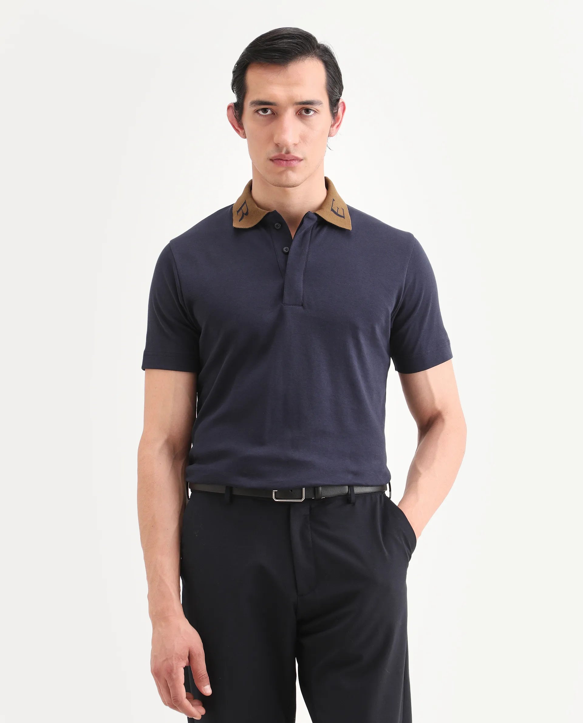 Rare Rabbit Men's Frow-S26 Navy Cotton Fabric Half Sleeve Spread Collar Regular Fit Plain Polo