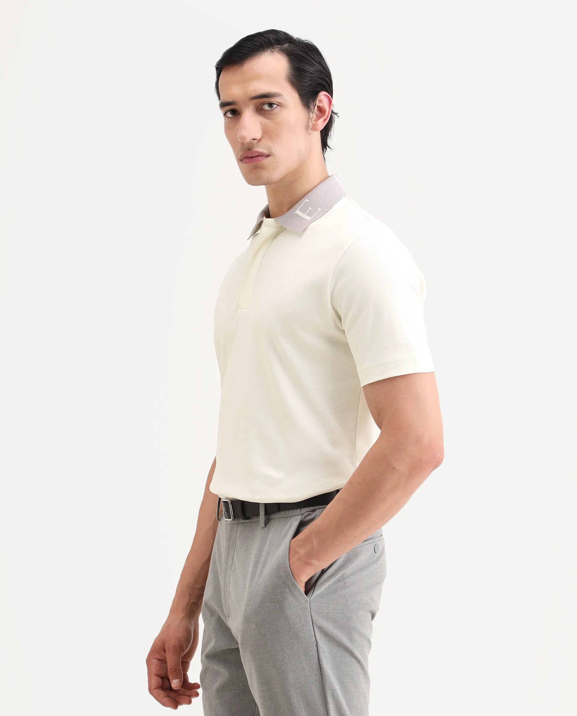 Rare Rabbit Men's Frow-S26 Off White Cotton Fabric Half Sleeve Spread Collar Regular Fit Plain Polo