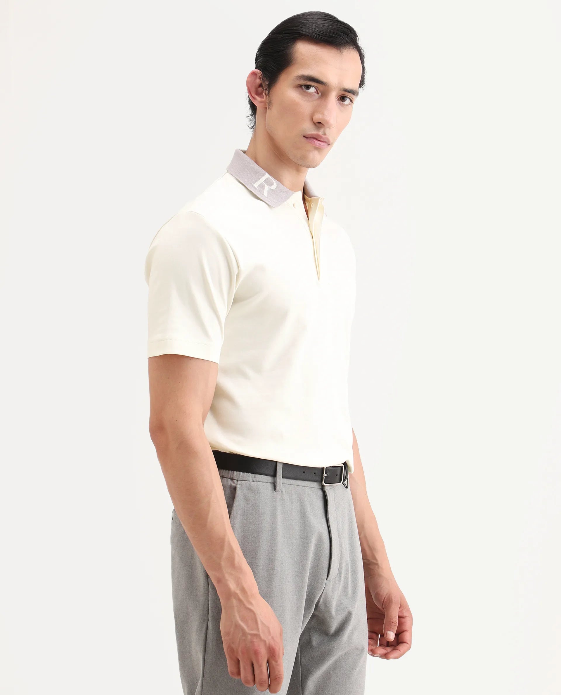 Rare Rabbit Men's Frow-S26 Off White Cotton Fabric Half Sleeve Spread Collar Regular Fit Plain Polo