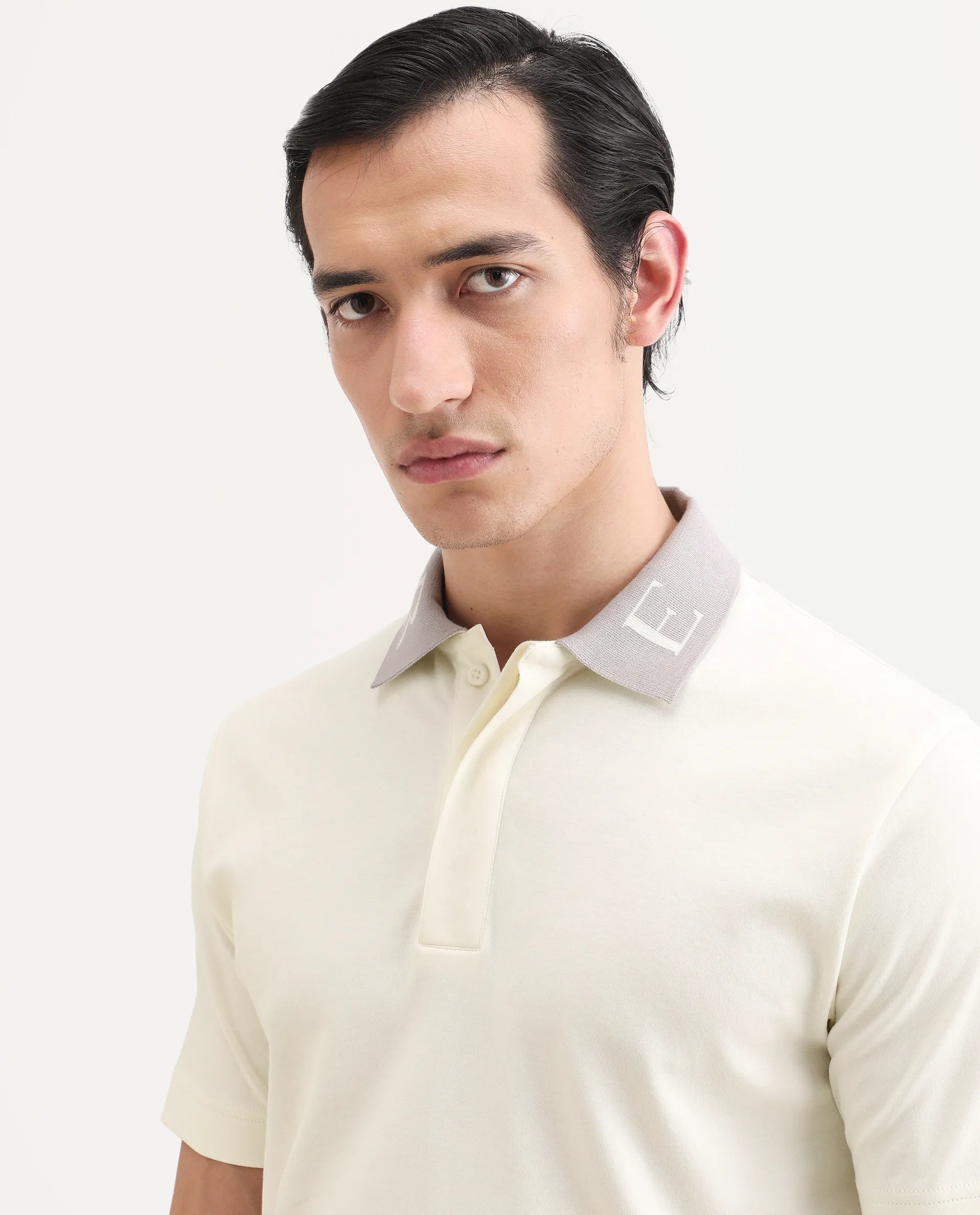 Rare Rabbit Men's Frow-S26 Off White Cotton Fabric Half Sleeve Spread Collar Regular Fit Plain Polo