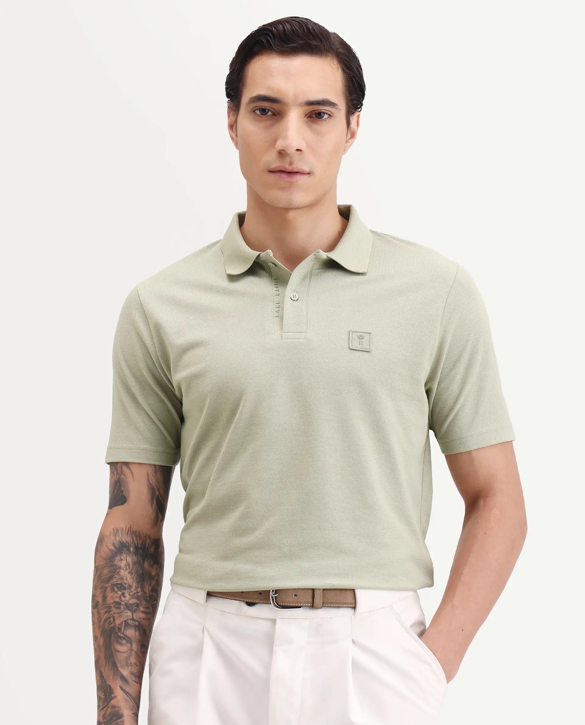 Rare Rabbit Men's Gamor Pastel Green Cotton Blend Fabric Half Sleeve Spread Collar Regular Fit Plain Polo