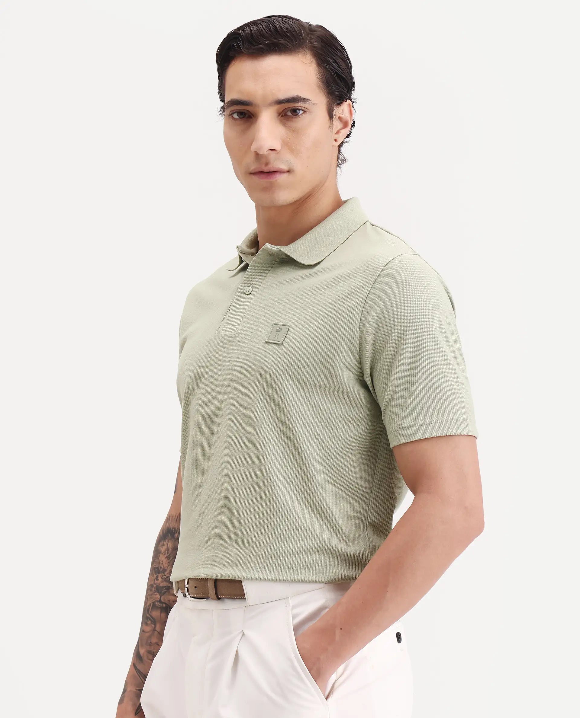 Rare Rabbit Men's Gamor Pastel Green Cotton Blend Fabric Half Sleeve Spread Collar Regular Fit Plain Polo