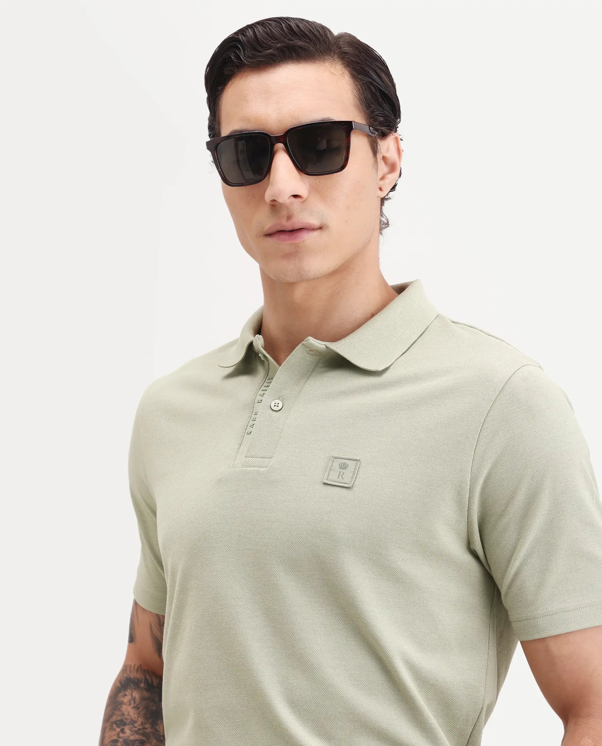 Rare Rabbit Men's Gamor Pastel Green Cotton Blend Fabric Half Sleeve Spread Collar Regular Fit Plain Polo