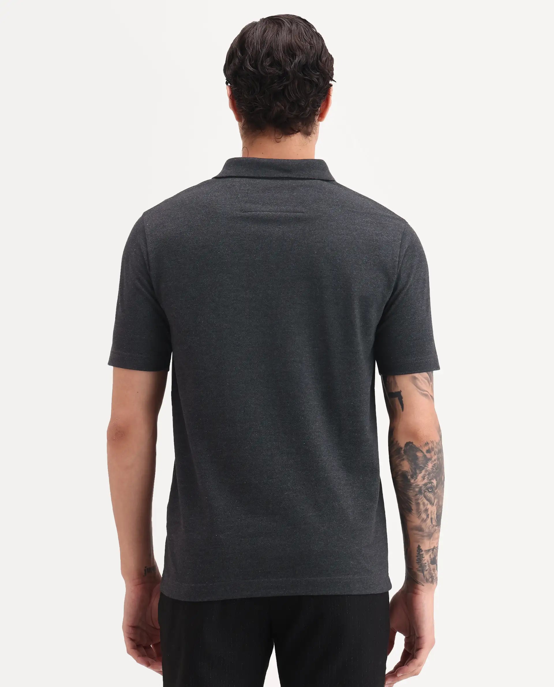 Rare Rabbit Men's Gamor Black Cotton Blend Fabric Half Sleeve Spread Collar Regular Fit Plain Polo