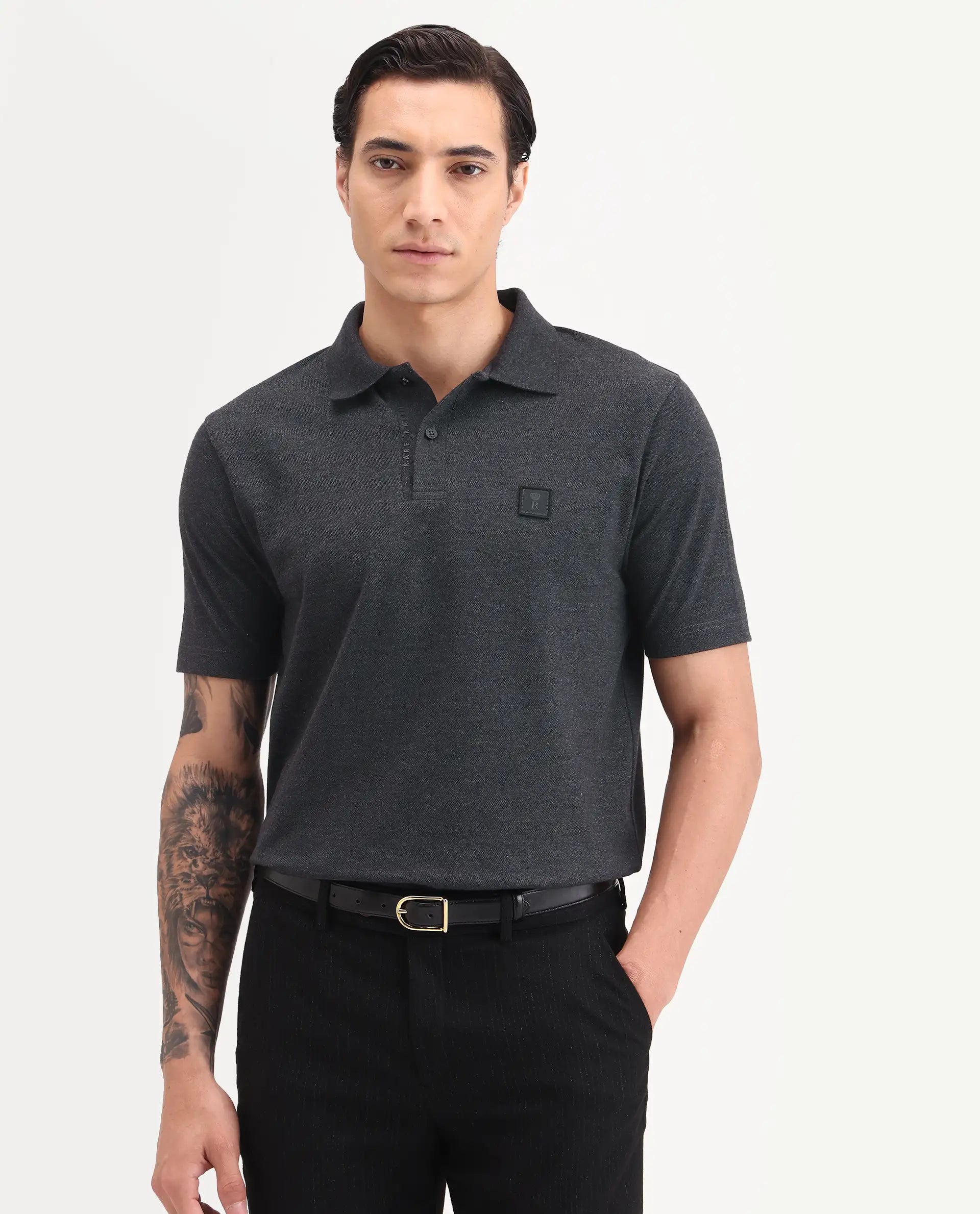 Rare Rabbit Men's Gamor Black Cotton Blend Fabric Half Sleeve Spread Collar Regular Fit Plain Polo