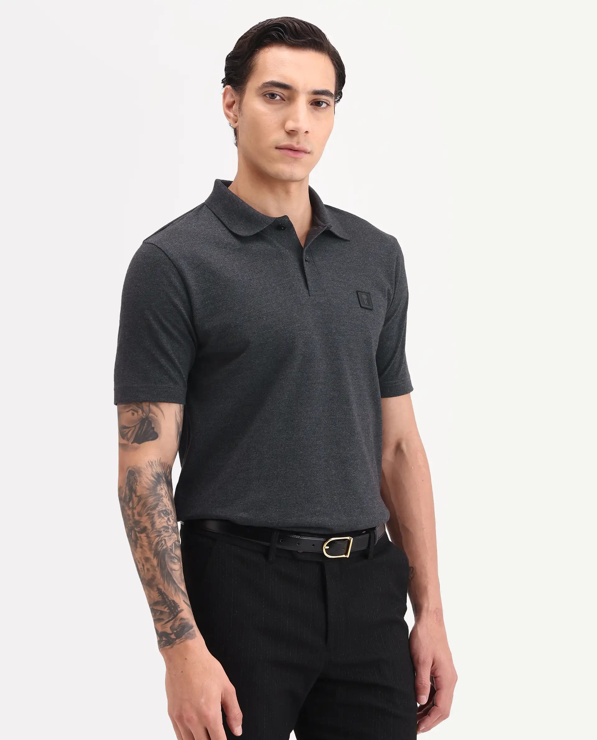 Rare Rabbit Men's Gamor Black Cotton Blend Fabric Half Sleeve Spread Collar Regular Fit Plain Polo