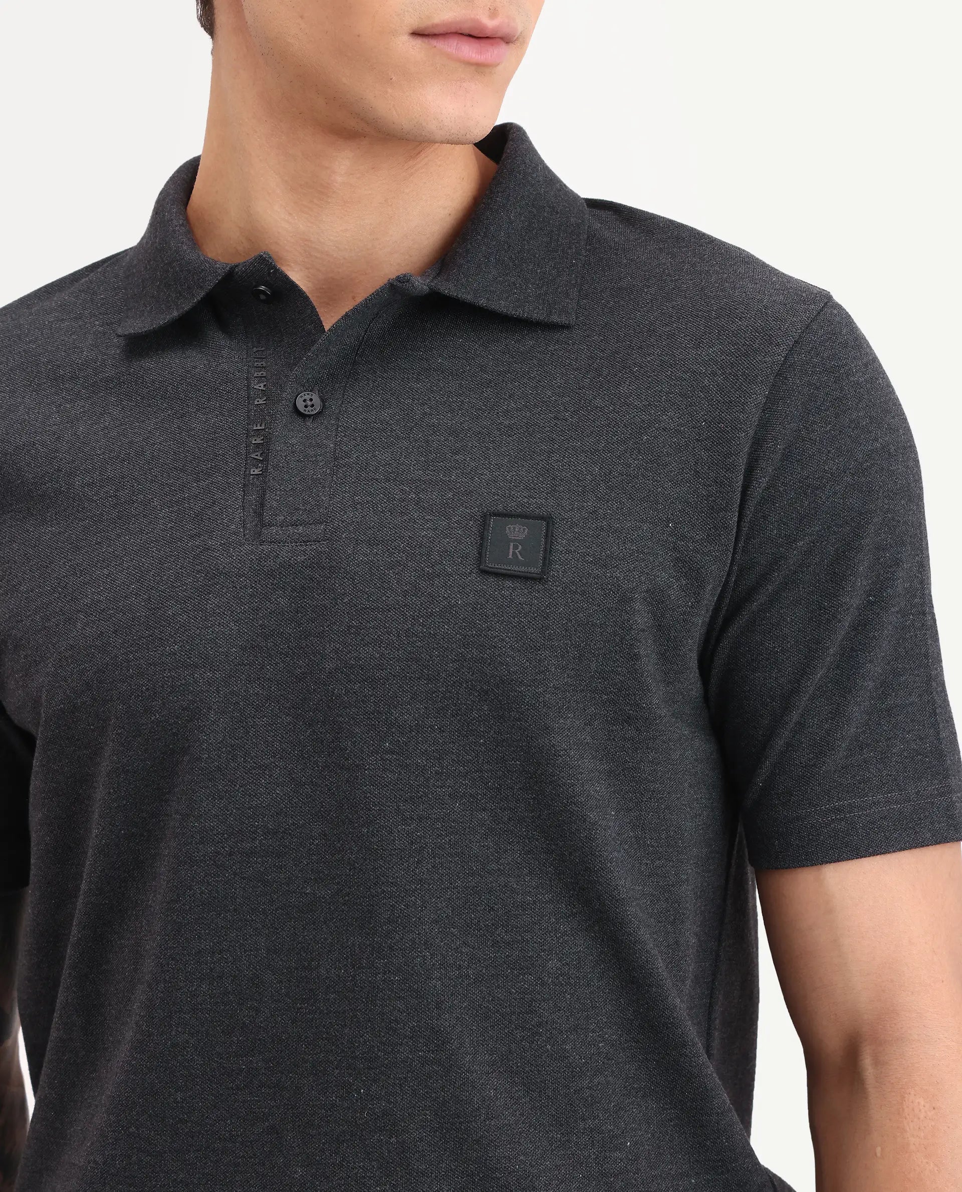 Rare Rabbit Men's Gamor Black Cotton Blend Fabric Half Sleeve Spread Collar Regular Fit Plain Polo