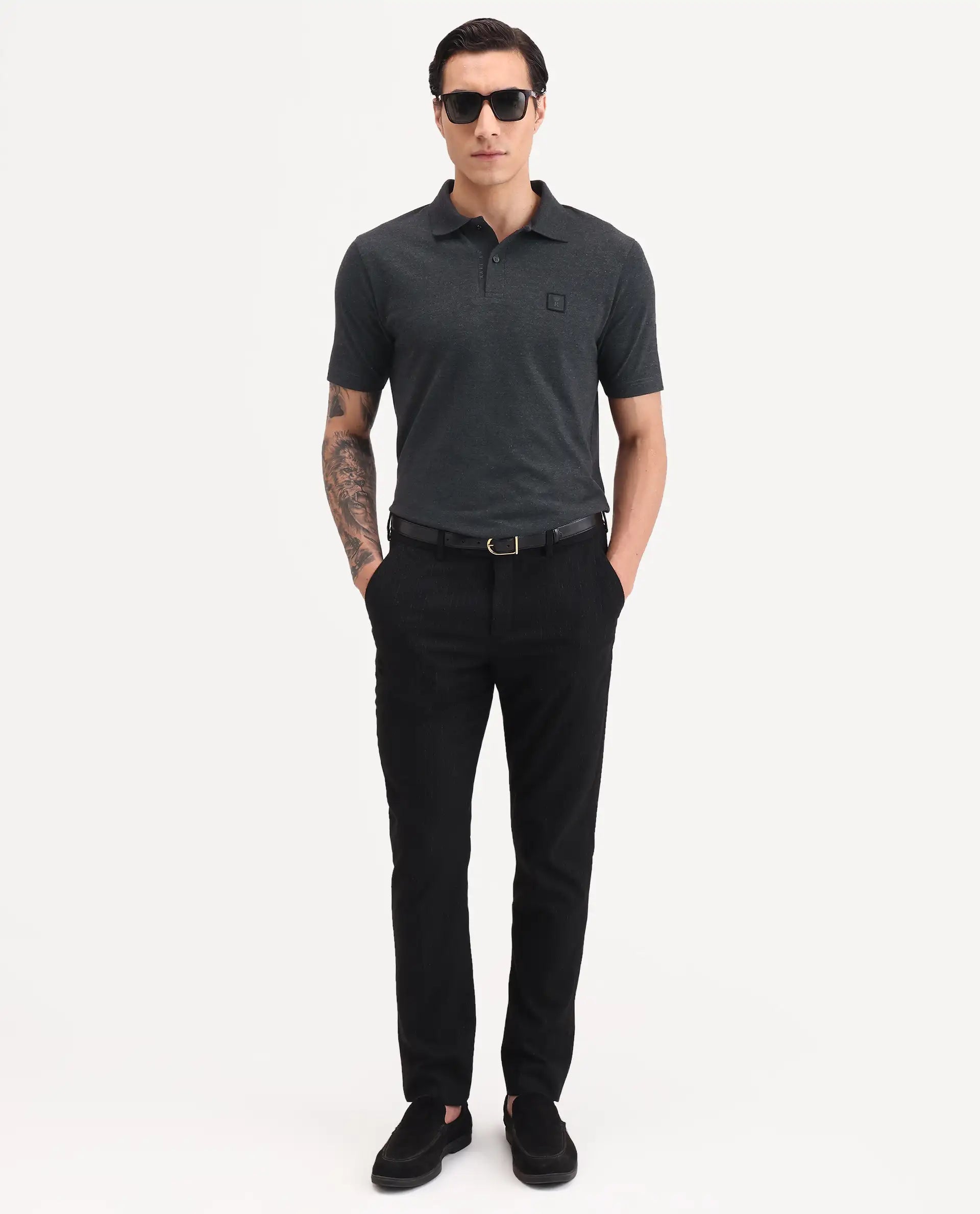 Rare Rabbit Men's Gamor Black Cotton Blend Fabric Half Sleeve Spread Collar Regular Fit Plain Polo