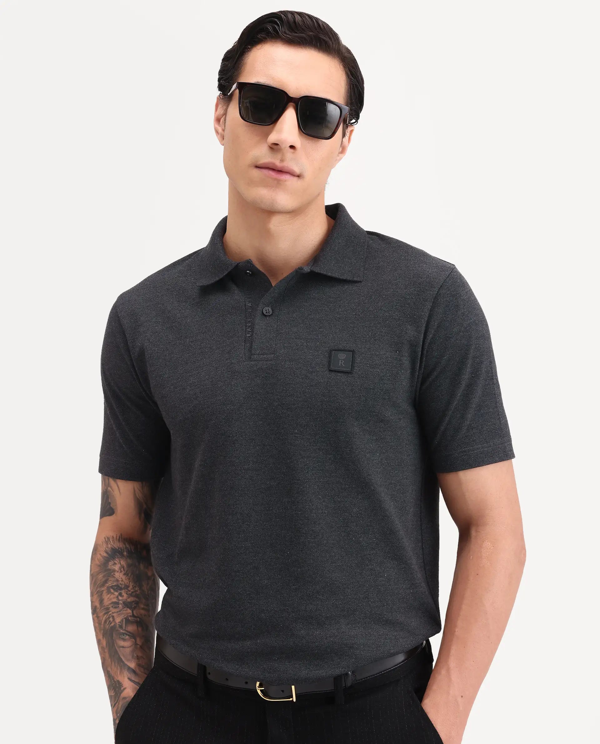 Rare Rabbit Men's Gamor Black Cotton Blend Fabric Half Sleeve Spread Collar Regular Fit Plain Polo