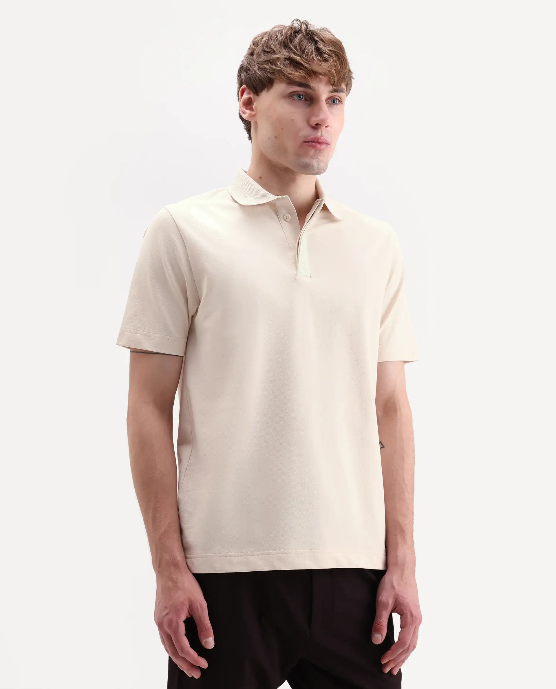 Rare Rabbit Men's Hin-S26 Off White Cotton Blend Fabric Half Sleeve Spread Collar Regular Fit Plain Polo