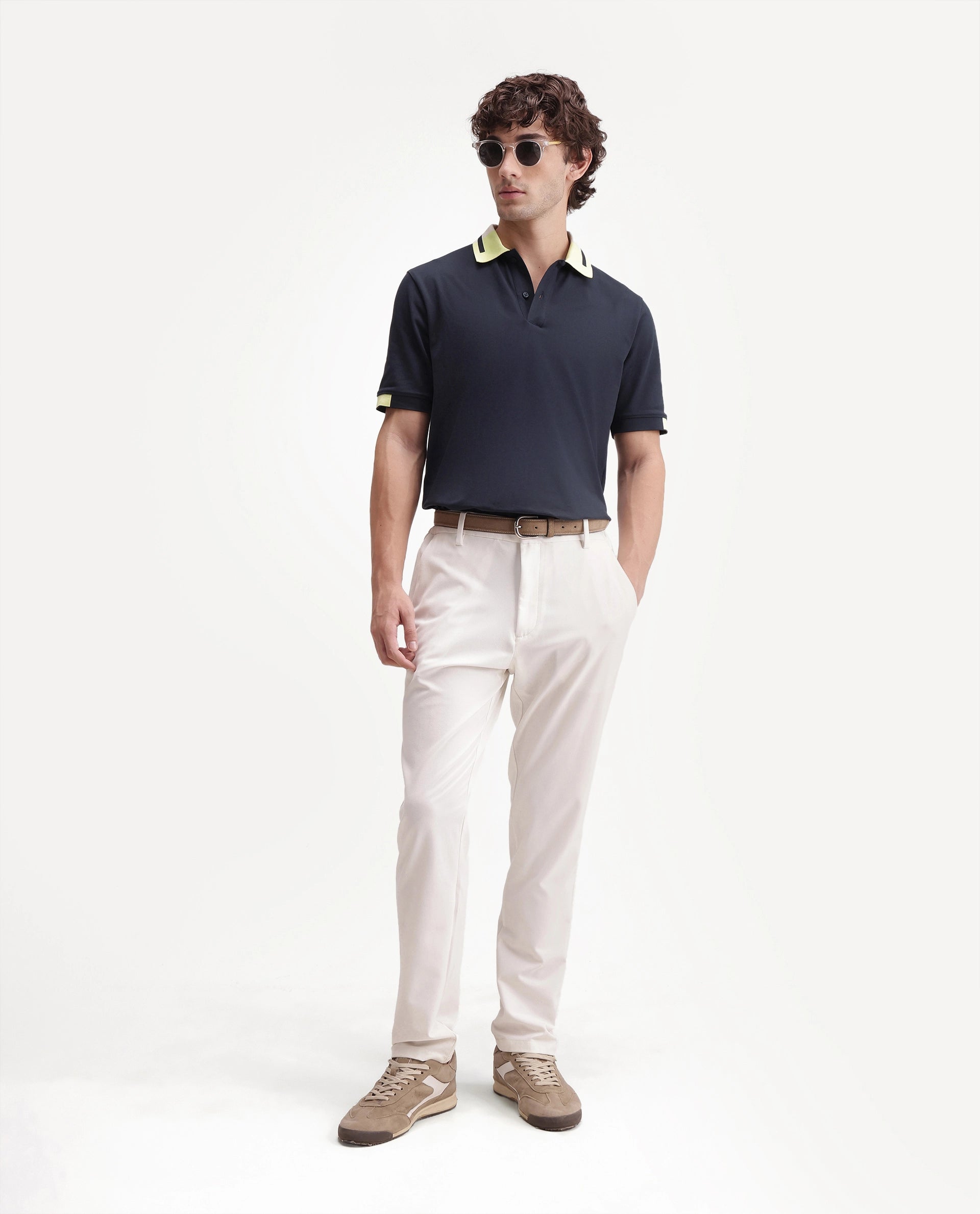 Rare Rabbit Men's Hub Navy Cotton Blend Fabric Half Sleeve Spread Collar Regular Fit Plain Polo