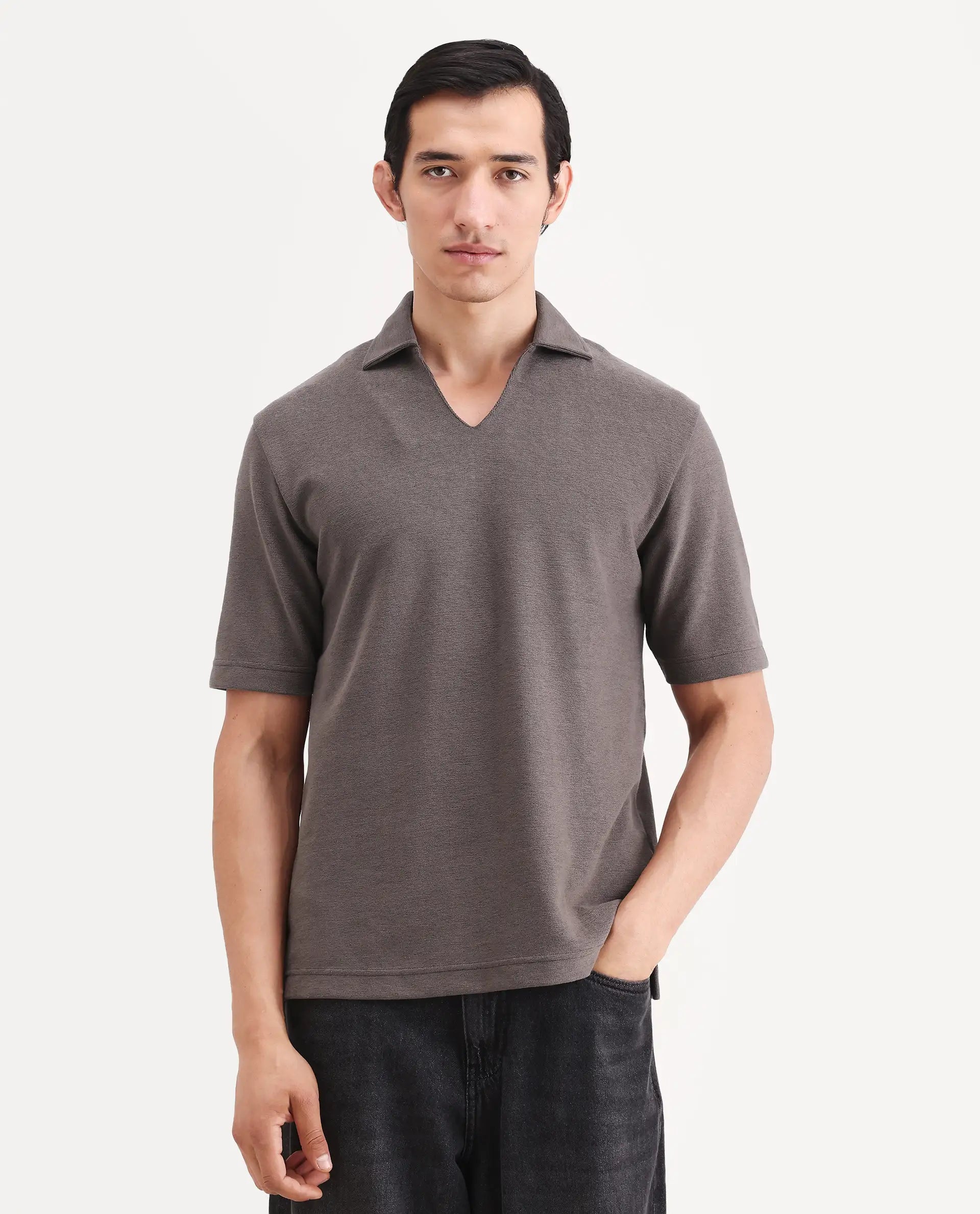 Rare Rabbit Men's Jawal-S26 Dusky Purple Cotton Blend Fabric Half Sleeve Jonny Collar Regular Fit Plain Polo
