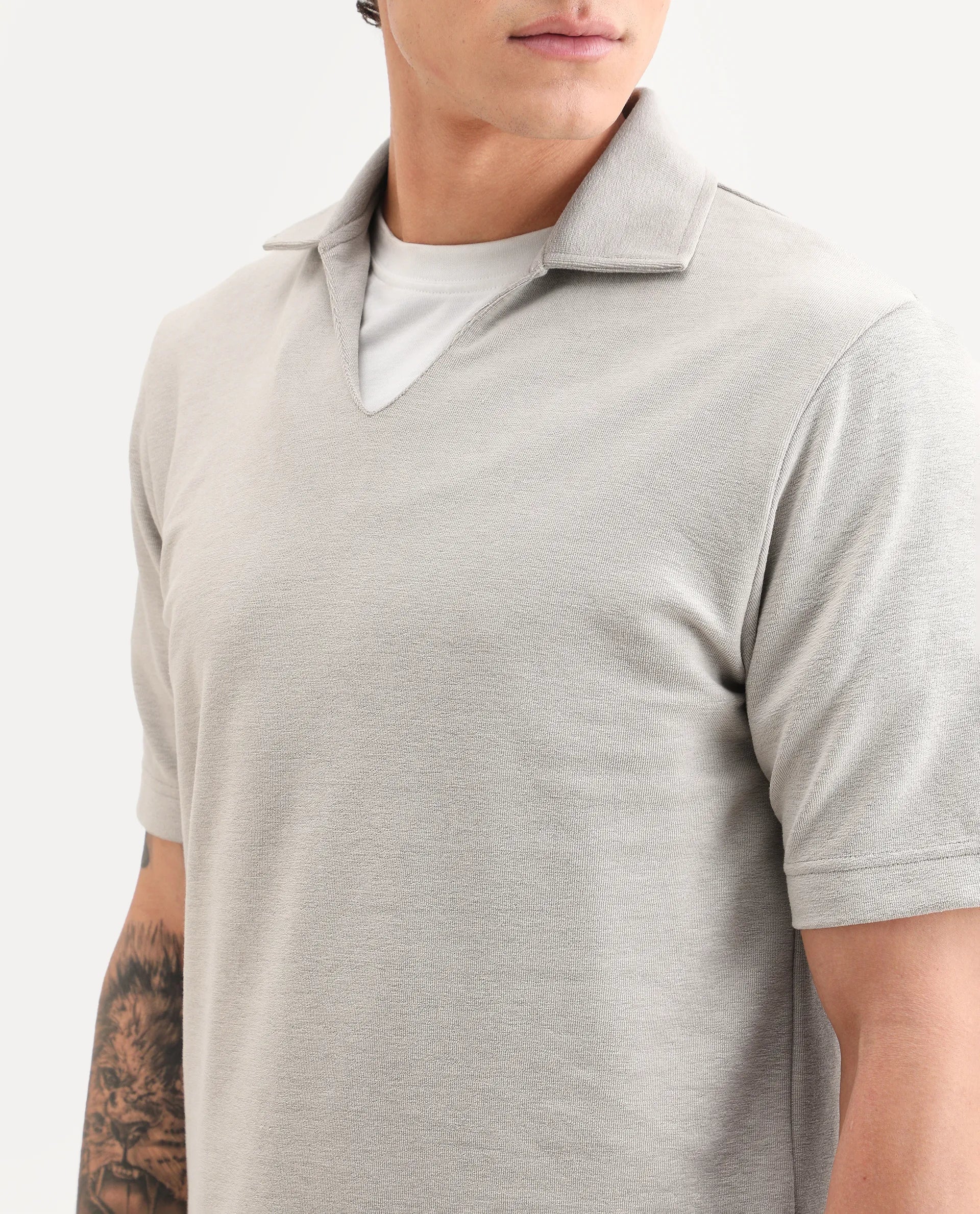 Rare Rabbit Men's Jawal-S26 Light Beige Cotton Blend Fabric Half Sleeve Jonny Collar Regular Fit Plain Polo