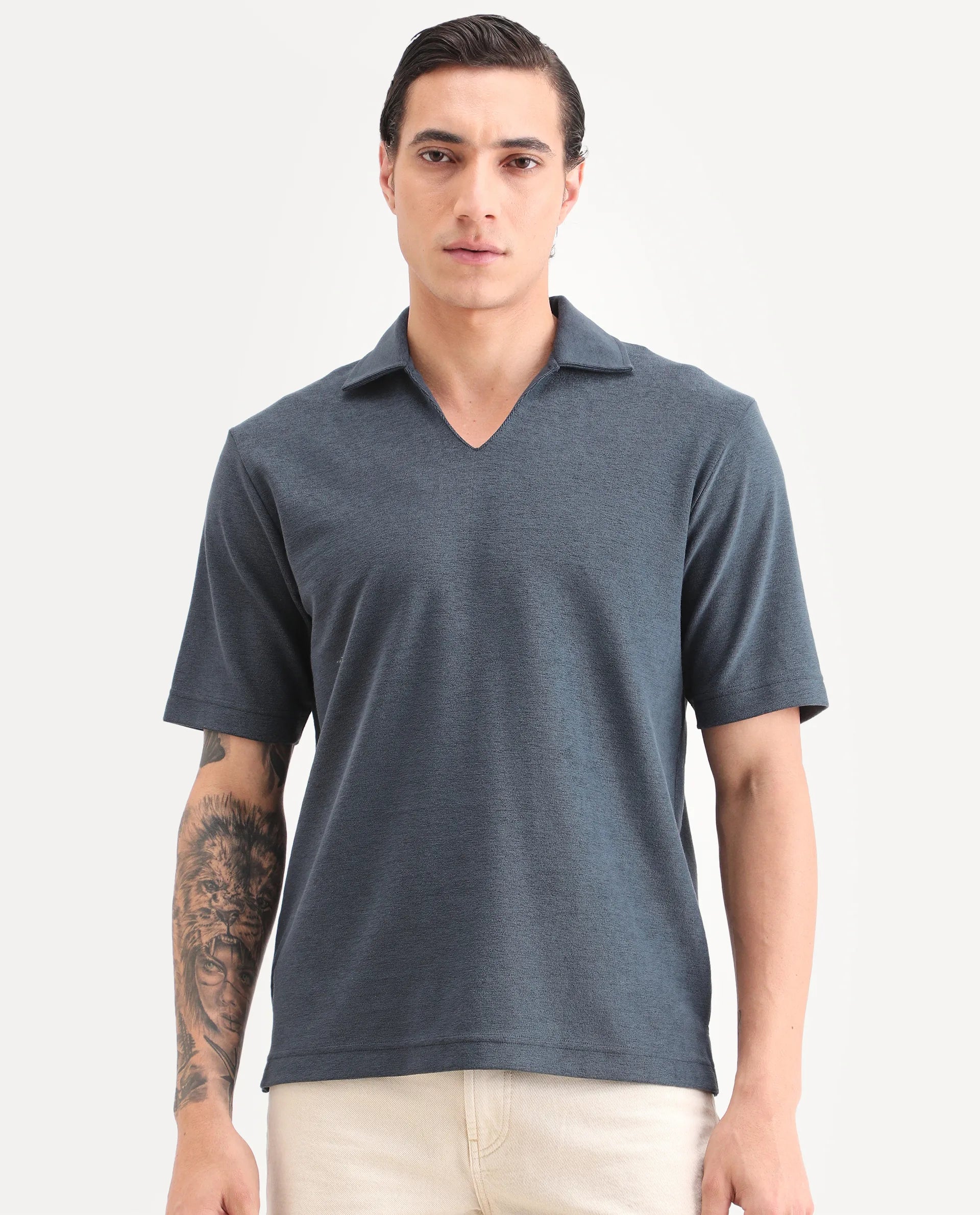 Rare Rabbit Men's Jawal-S26 Navy Cotton Blend Fabric Half Sleeve Jonny Collar Regular Fit Plain Polo