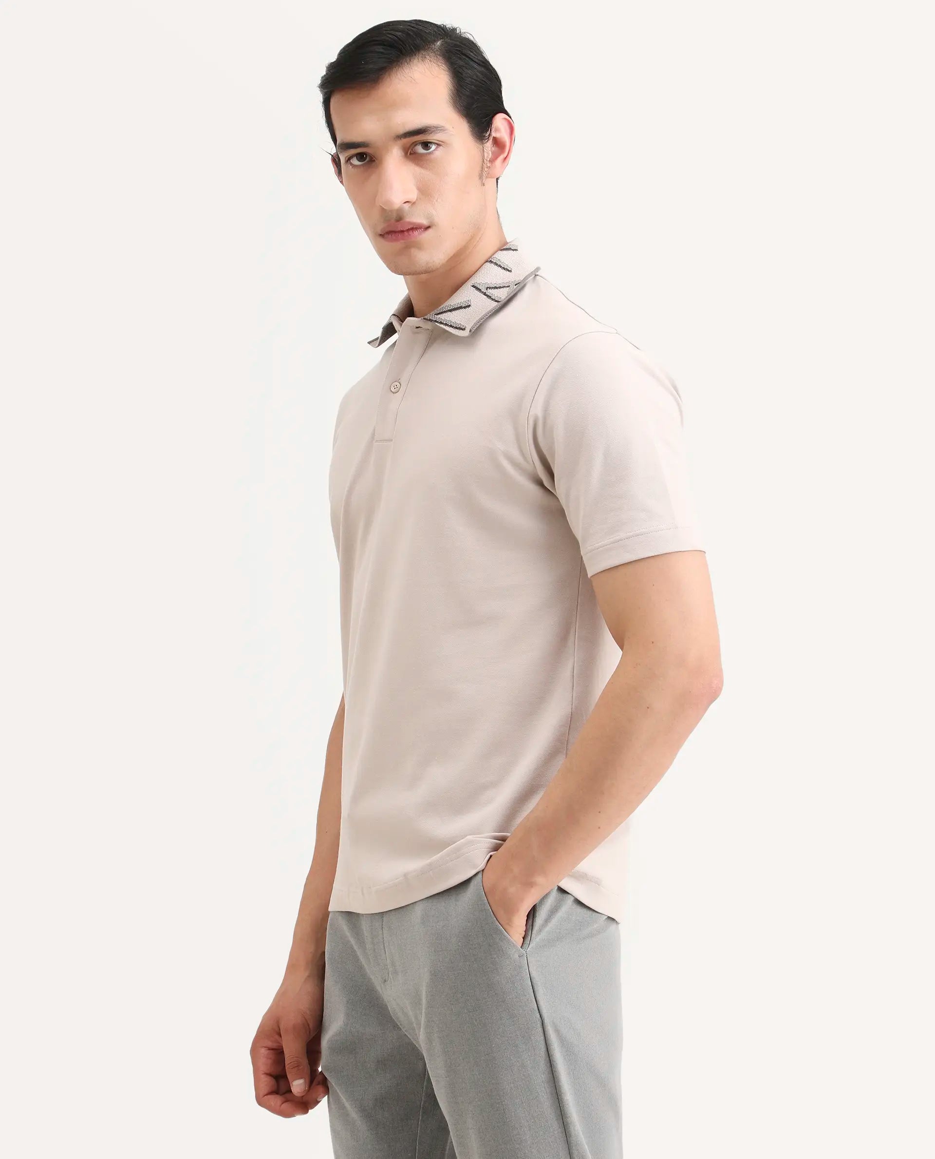 Rare Rabbit Men's Juke Dusky Beige Cotton Blend Fabric Half Sleeve Spread Collar Regular Fit Plain Polo