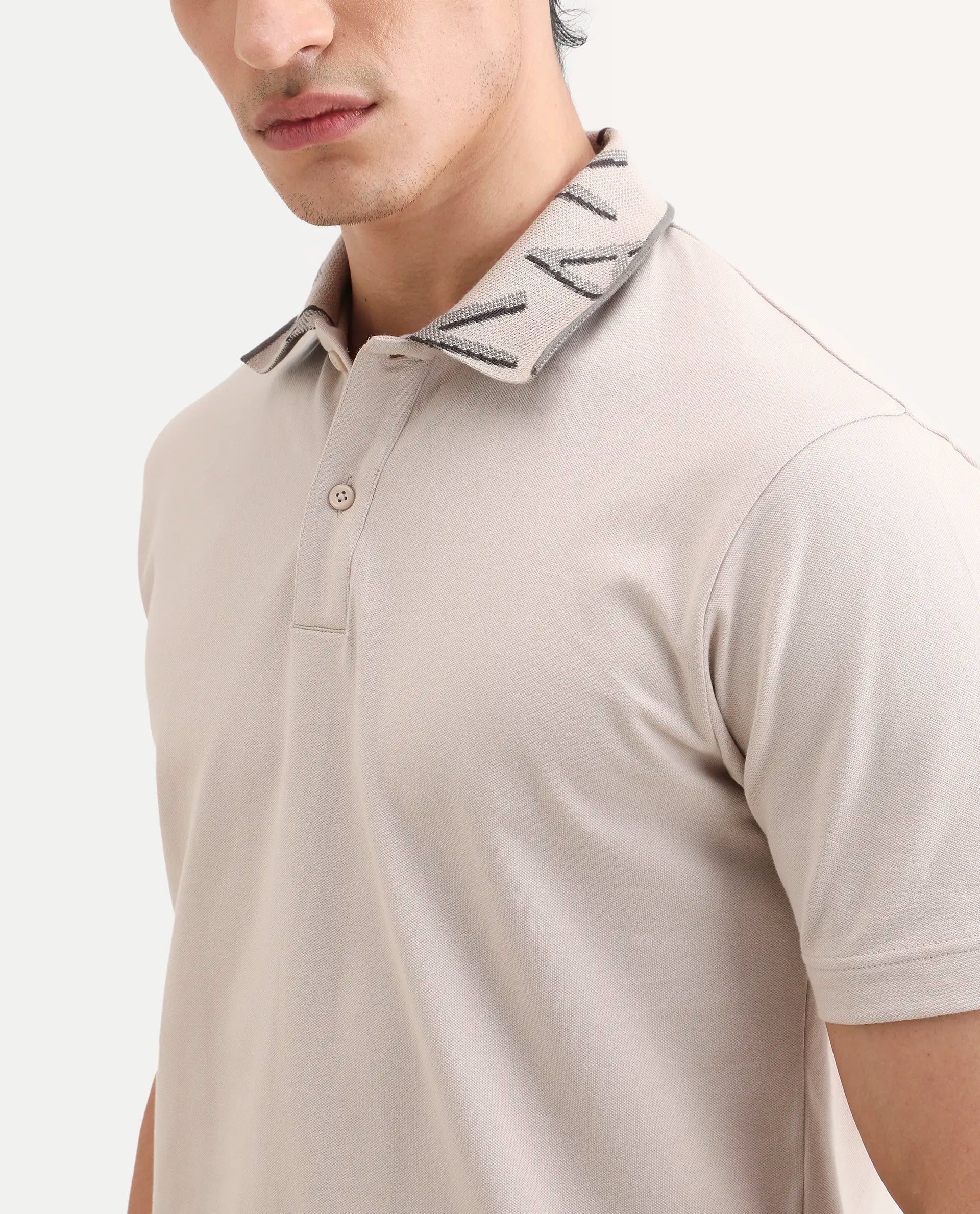 Rare Rabbit Men's Juke Dusky Beige Cotton Blend Fabric Half Sleeve Spread Collar Regular Fit Plain Polo