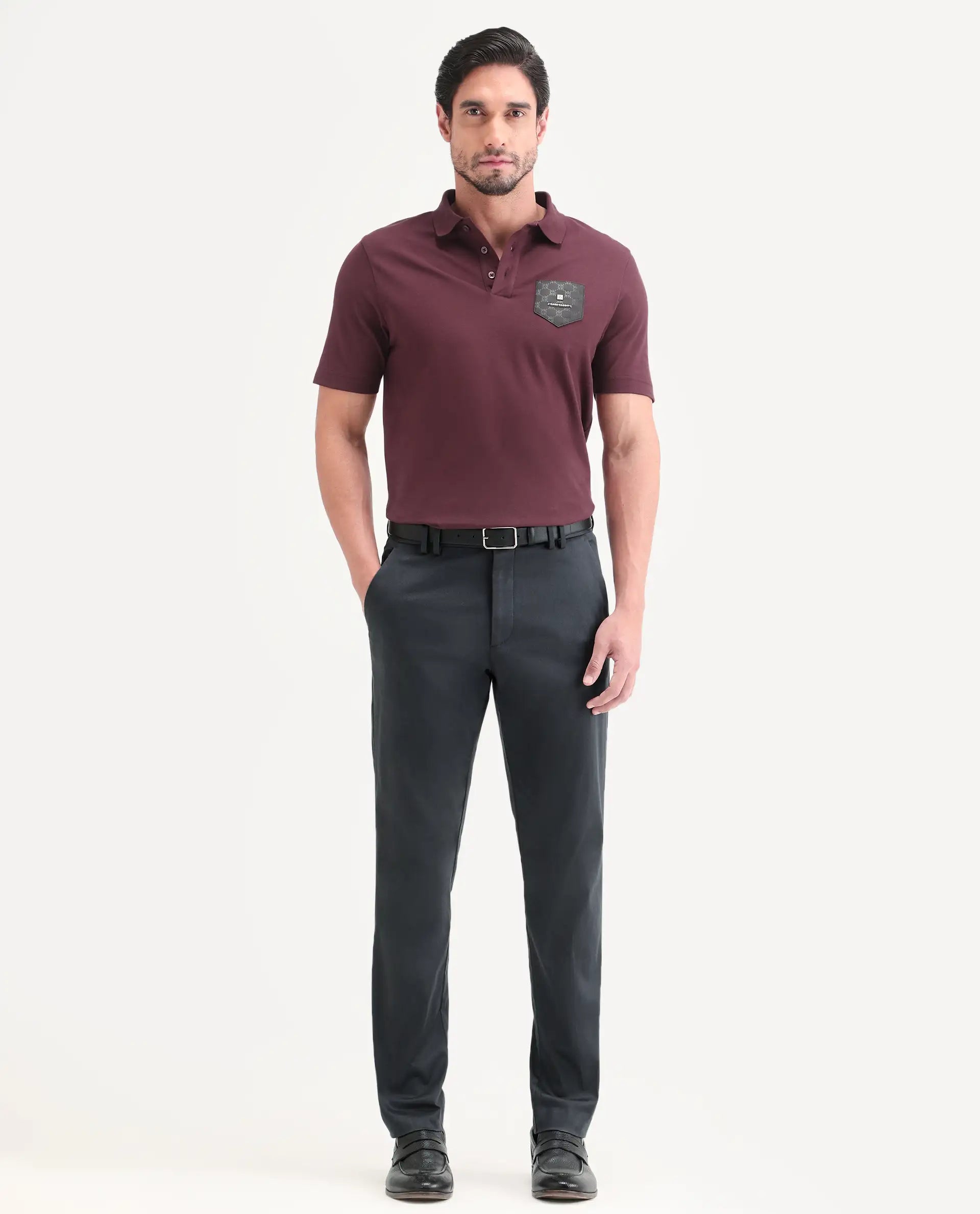 Rare Rabbit Men's Lorn-S26 Dark Red Cotton Blend Fabric Half Sleeve Spread Collar Regular Fit Monogram Print Polo