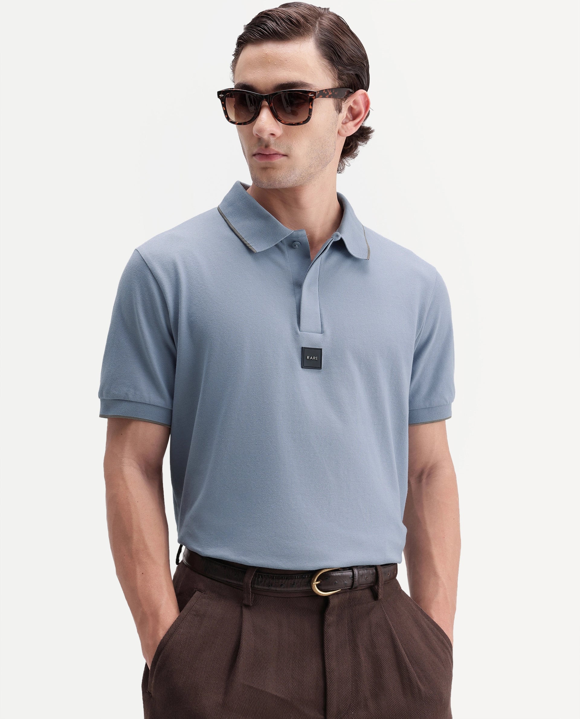 Rare Rabbit Men's Mak Dusky Blue Cotton Blend Fabric Half Sleeve Spread Collar Regular Fit Plain Polo