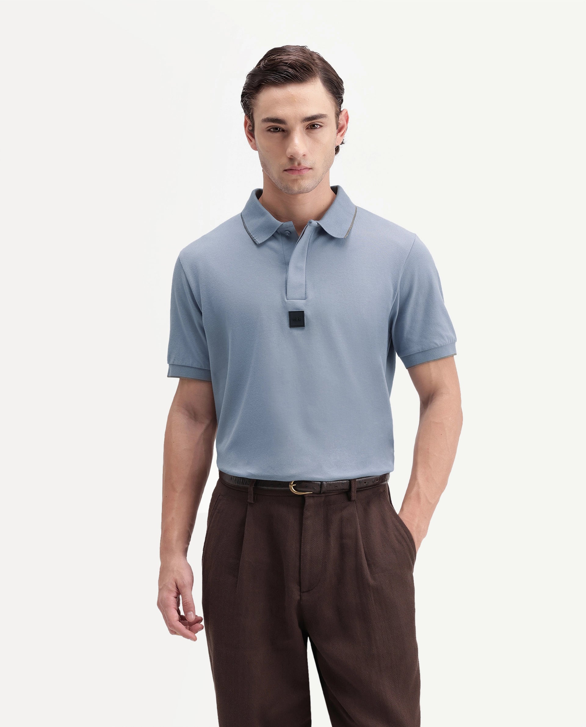 Rare Rabbit Men's Mak Dusky Blue Cotton Blend Fabric Half Sleeve Spread Collar Regular Fit Plain Polo