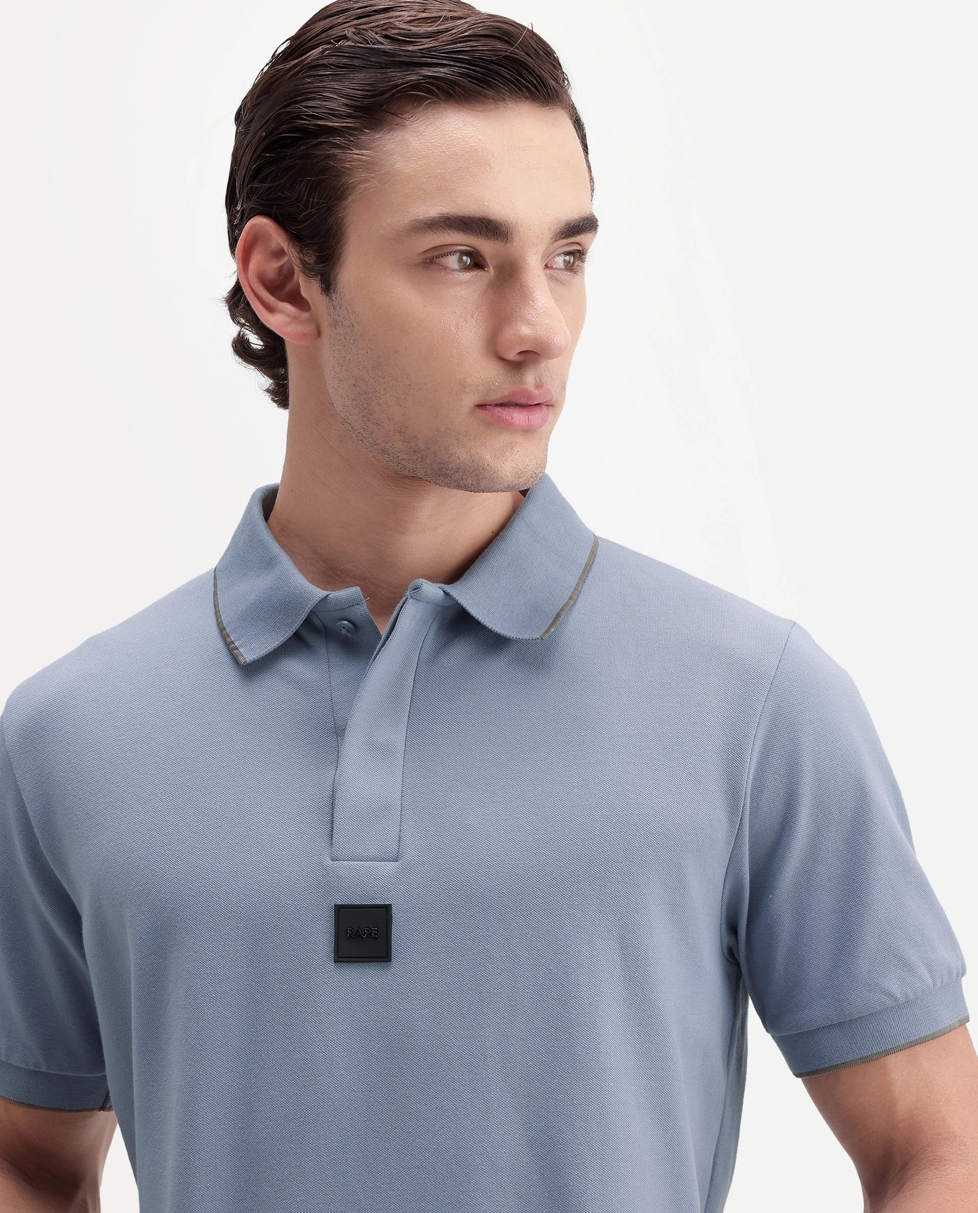 Rare Rabbit Men's Mak Dusky Blue Cotton Blend Fabric Half Sleeve Spread Collar Regular Fit Plain Polo
