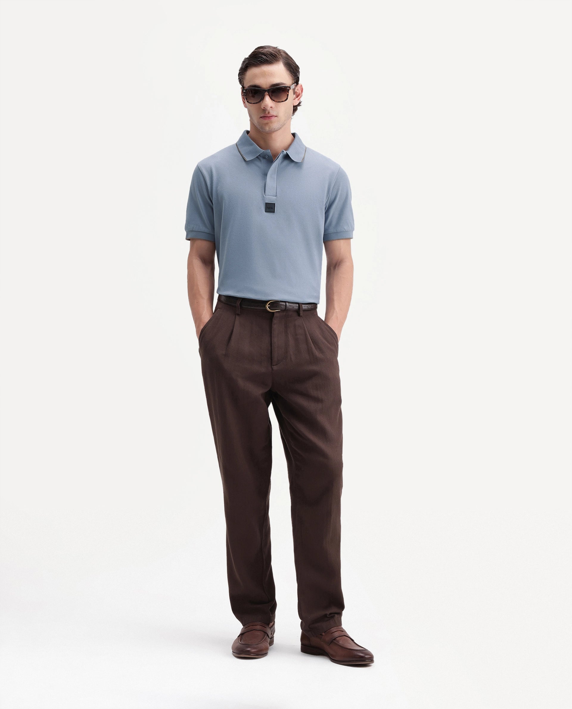 Rare Rabbit Men's Mak Dusky Blue Cotton Blend Fabric Half Sleeve Spread Collar Regular Fit Plain Polo