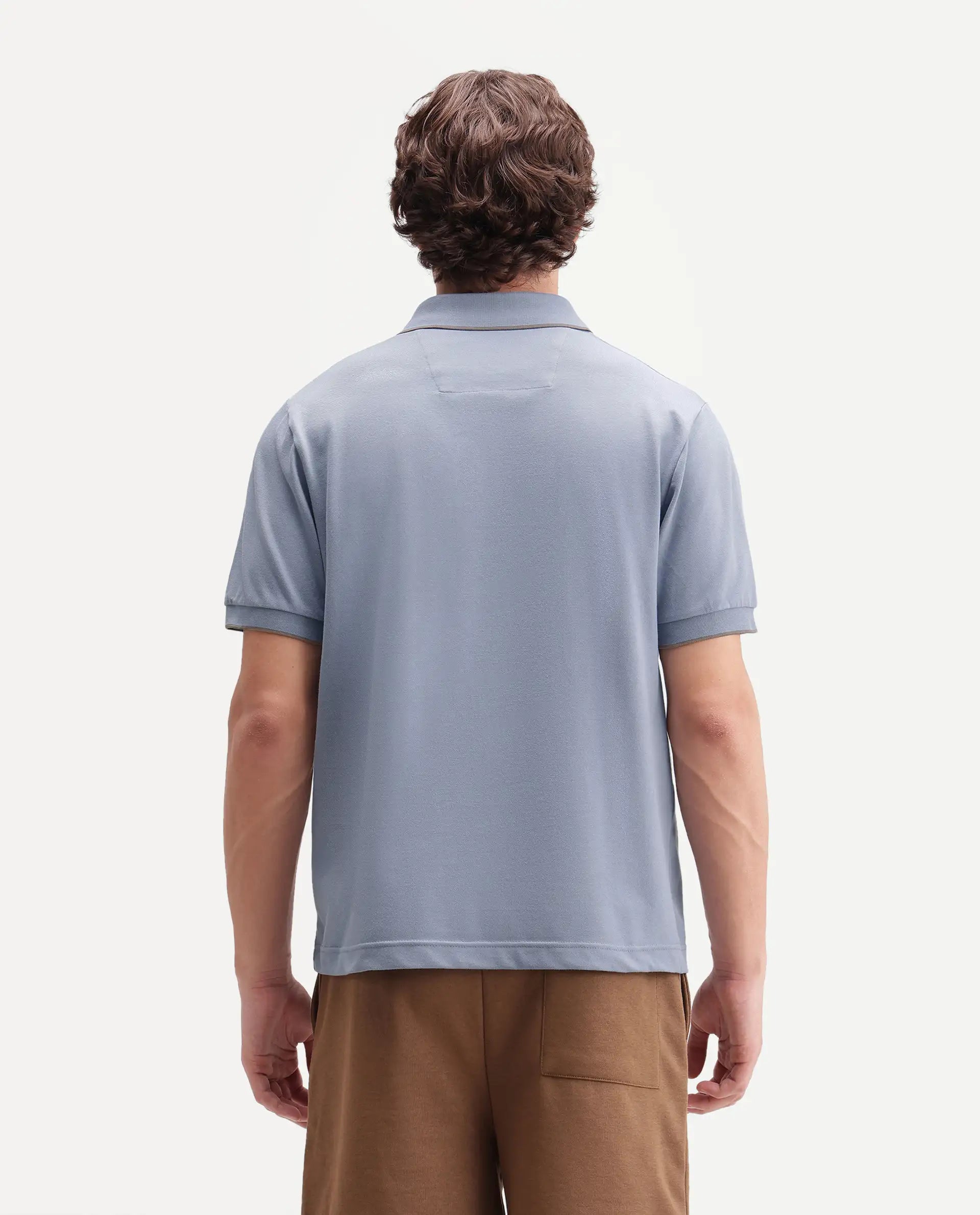 Rare Rabbit Men's Mak Dusky Blue Cotton Blend Fabric Half Sleeve Spread Collar Regular Fit Plain Polo