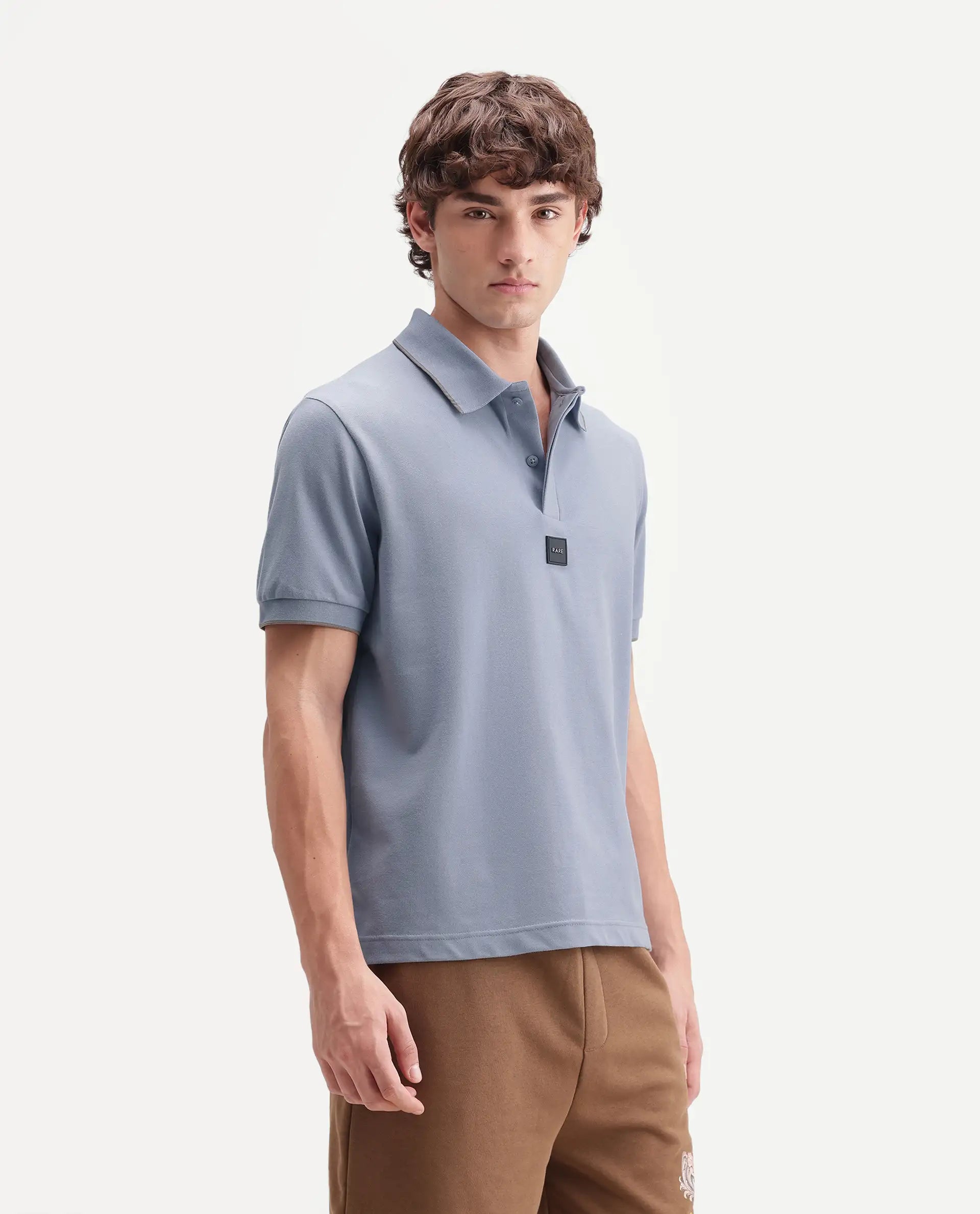 Rare Rabbit Men's Mak Dusky Blue Cotton Blend Fabric Half Sleeve Spread Collar Regular Fit Plain Polo